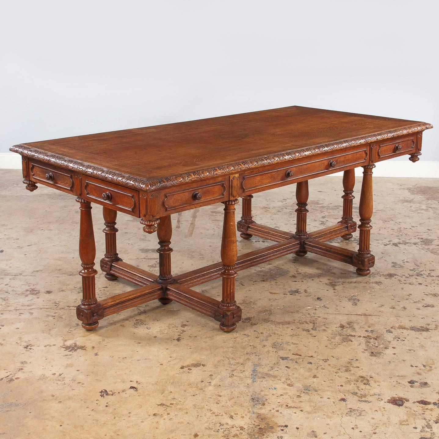 French Renaissance Revival Style Oak Library Table or Desk, Late 1800s 3