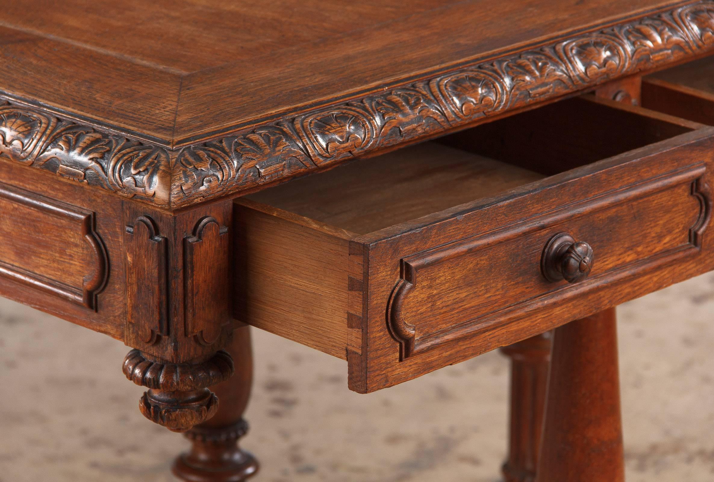 French Renaissance Revival Style Oak Library Table or Desk, Late 1800s 1