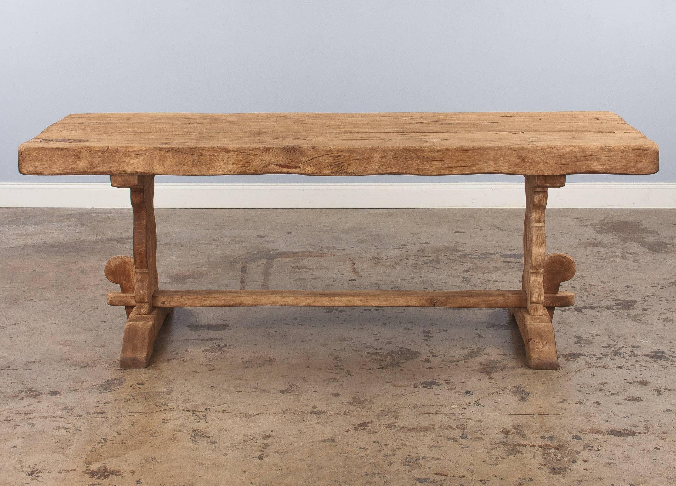 20th Century French Country Washed Oak Trestle Table, Early 1900s