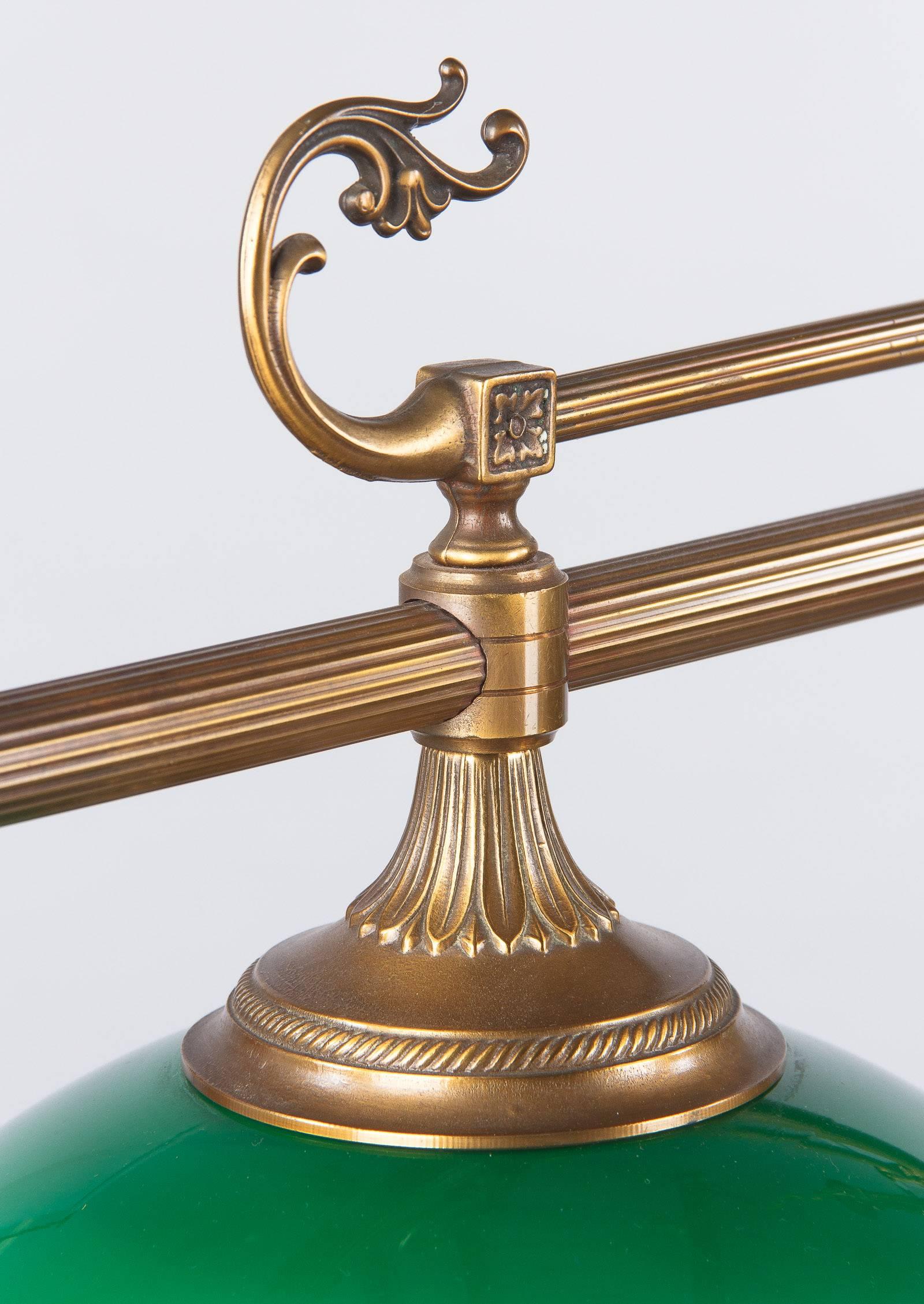 Mid-Century French Brass and Opaline Glass Billiard Chandelier 3