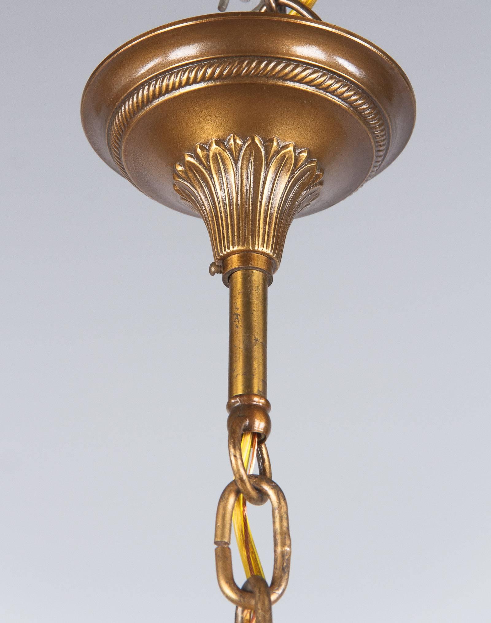 Mid-Century French Brass and Opaline Glass Billiard Chandelier In Excellent Condition In Austin, TX
