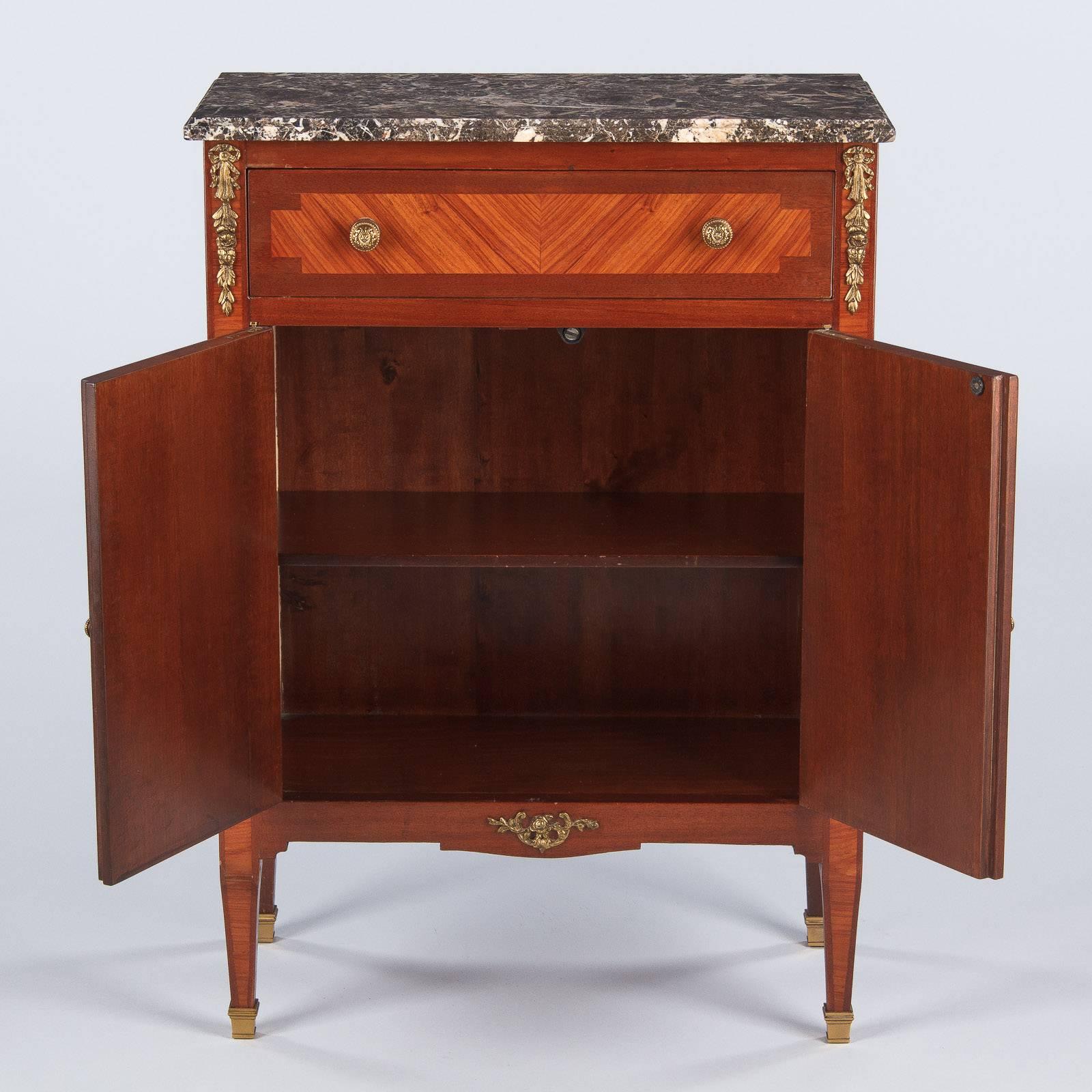 French Louis XVI Style Marble-Top Marquetry Cabinet, Early 1900s