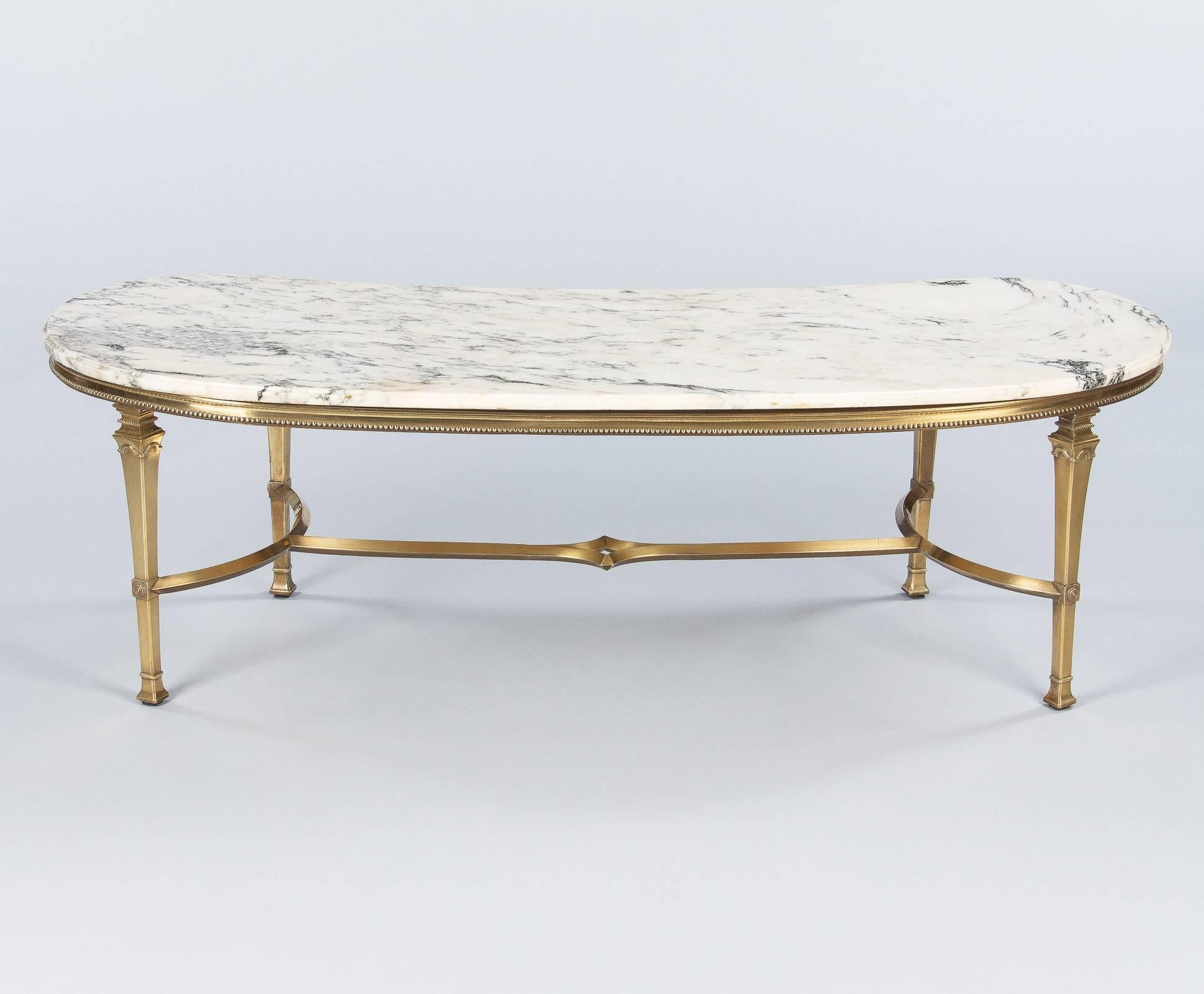 Mid-Century Marble-Top Kidney Shaped Brass Coffee Table 1