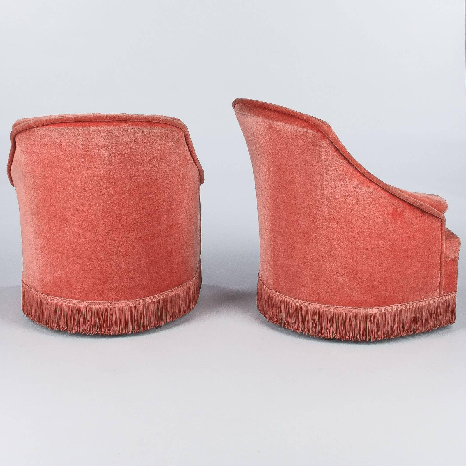 Velvet Pair of Napoleon III Style French Slipper Armchairs, 1940s