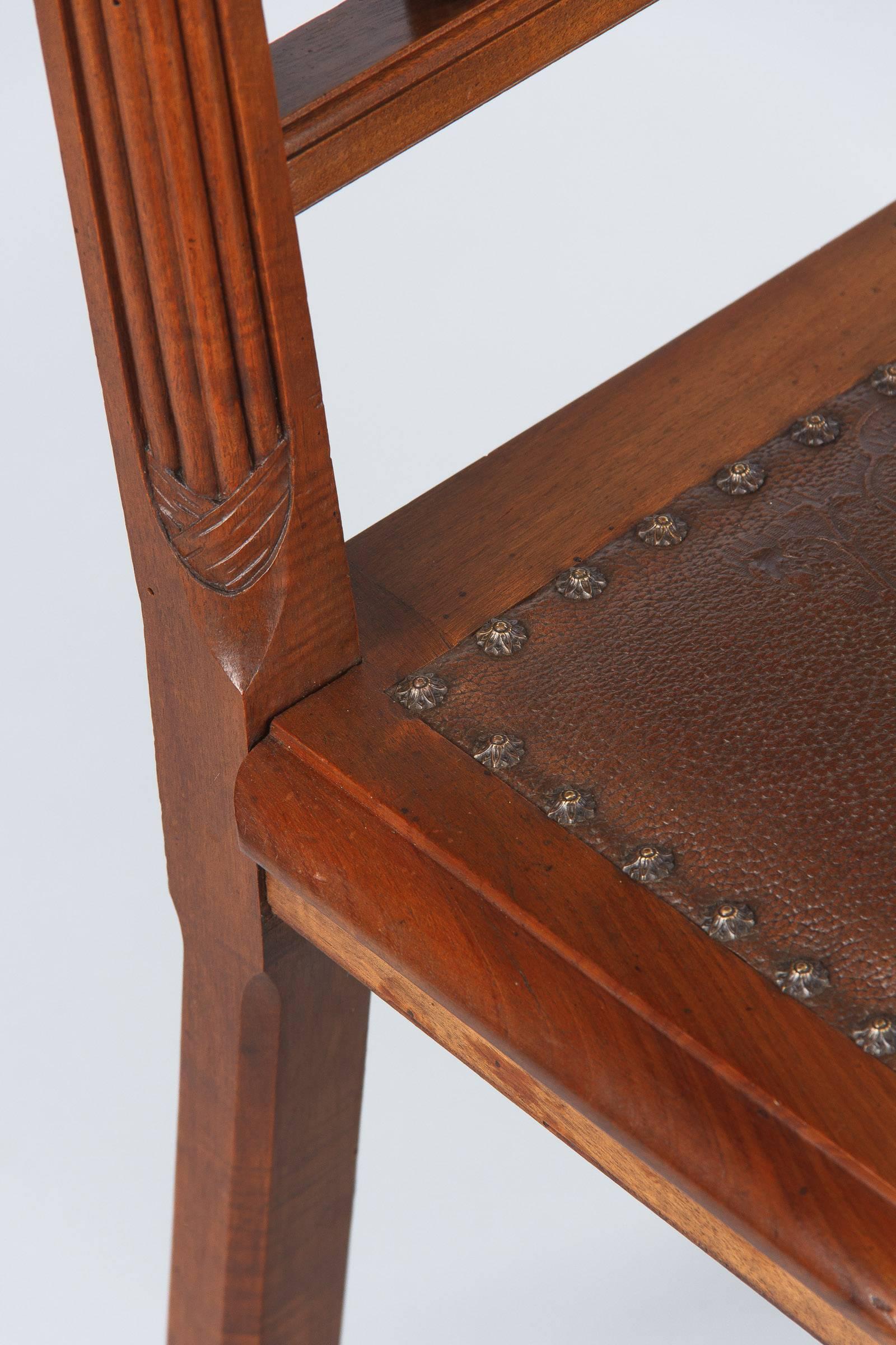 Embossed French Renaissance Style Leather Seat Chair, Late 1800s