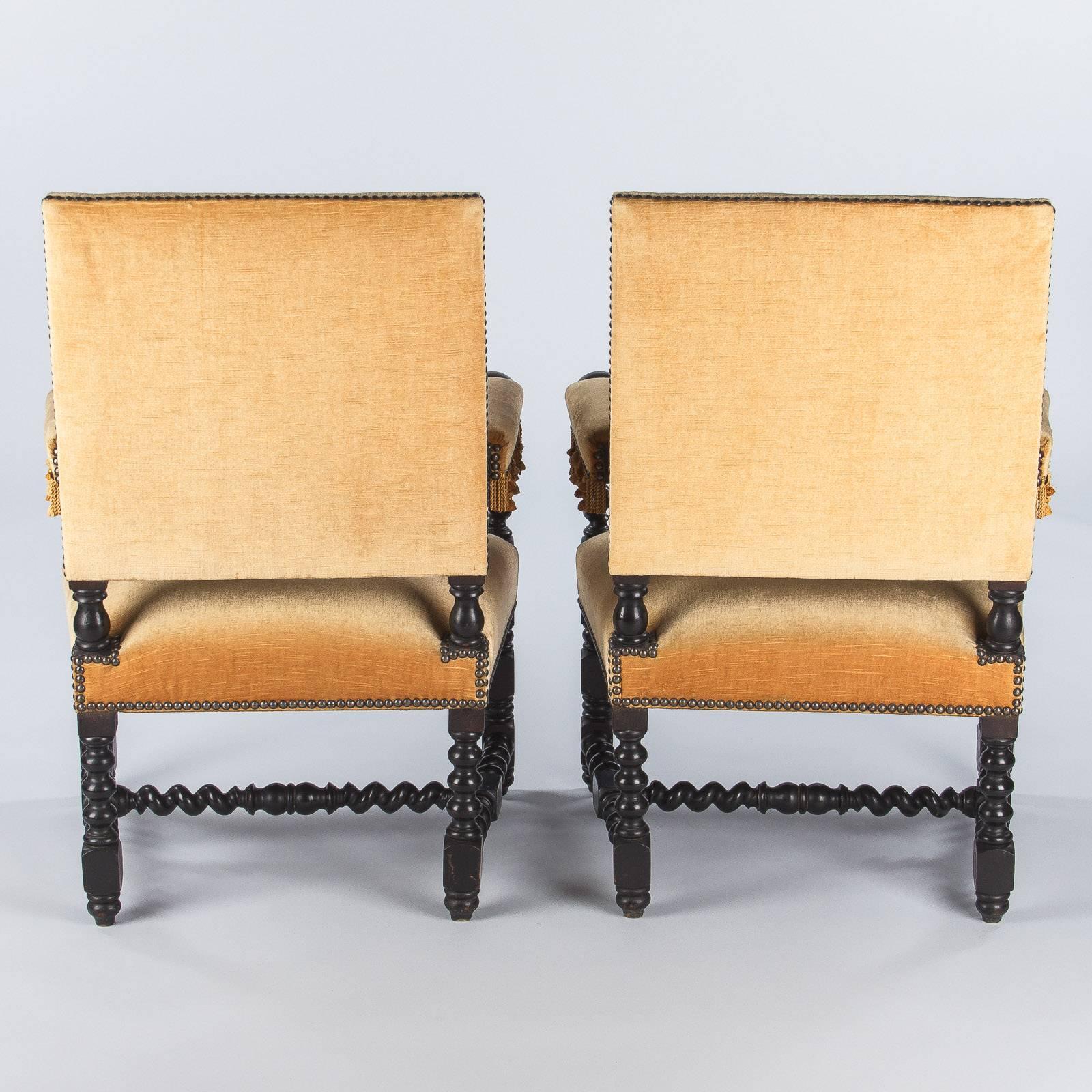 Pair of Louis XIII Style Ebonized Wood and Upholstered Armchairs, 1870s 3