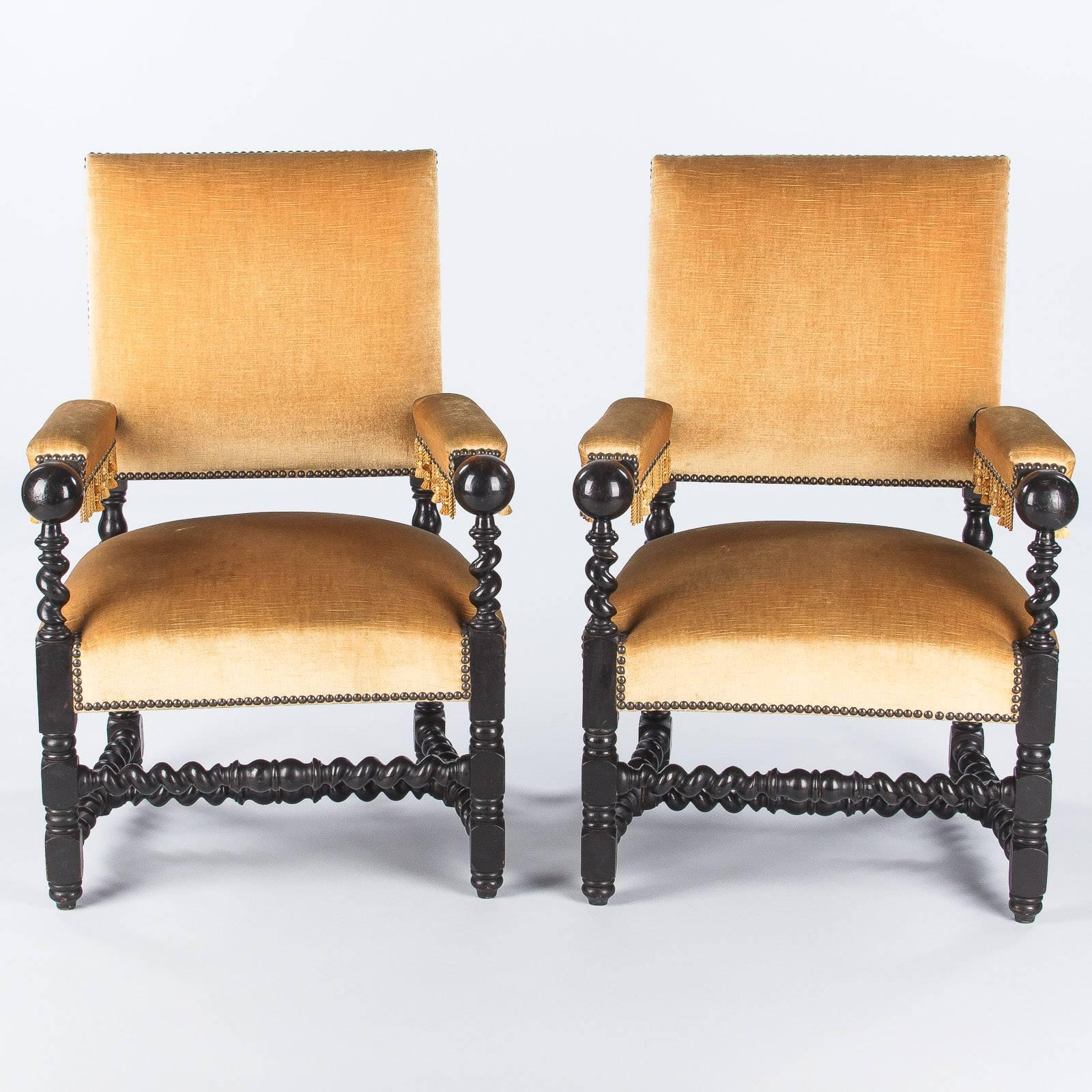 French Pair of Louis XIII Style Ebonized Wood and Upholstered Armchairs, 1870s