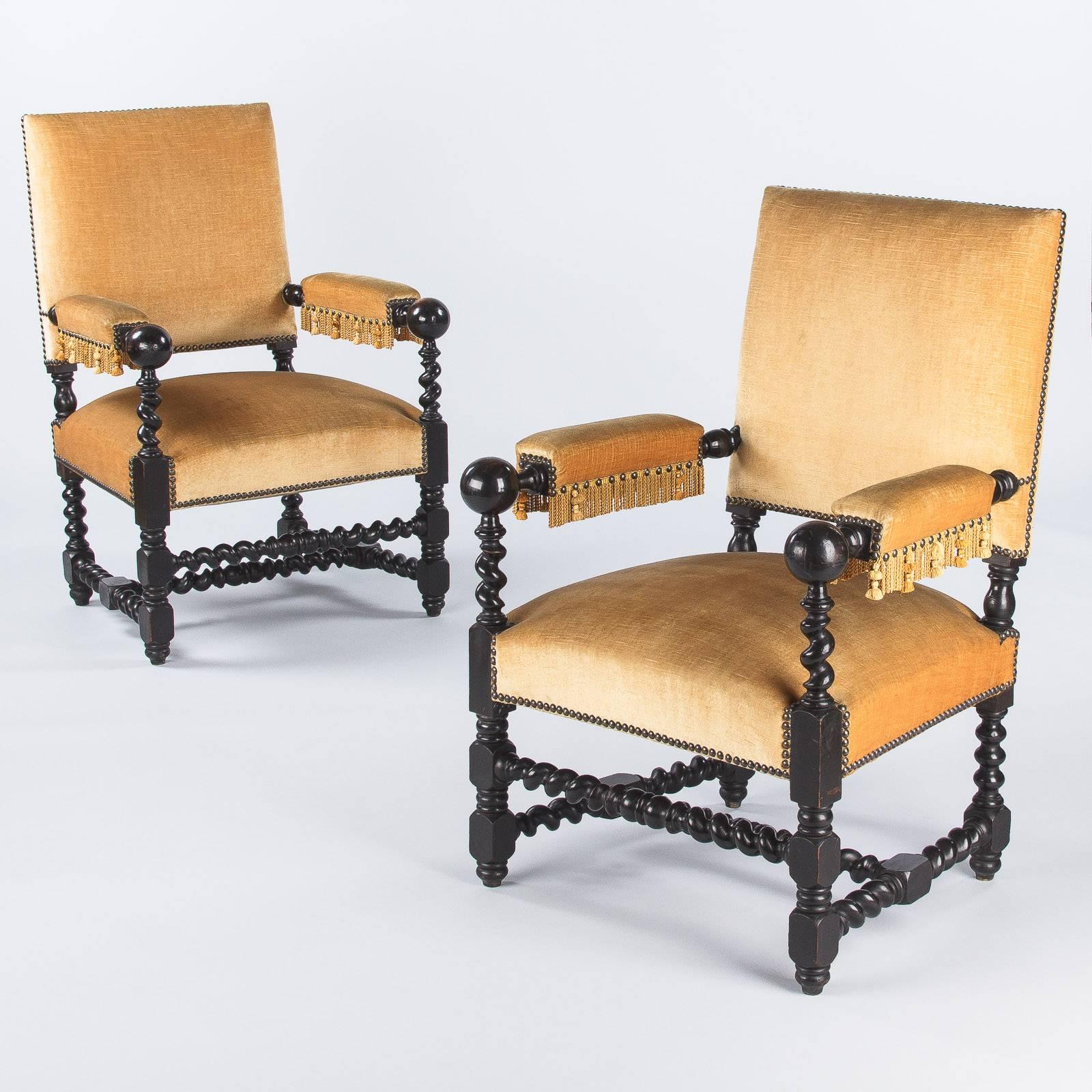 Pair of Louis XIII Style Ebonized Wood and Upholstered Armchairs, 1870s 5