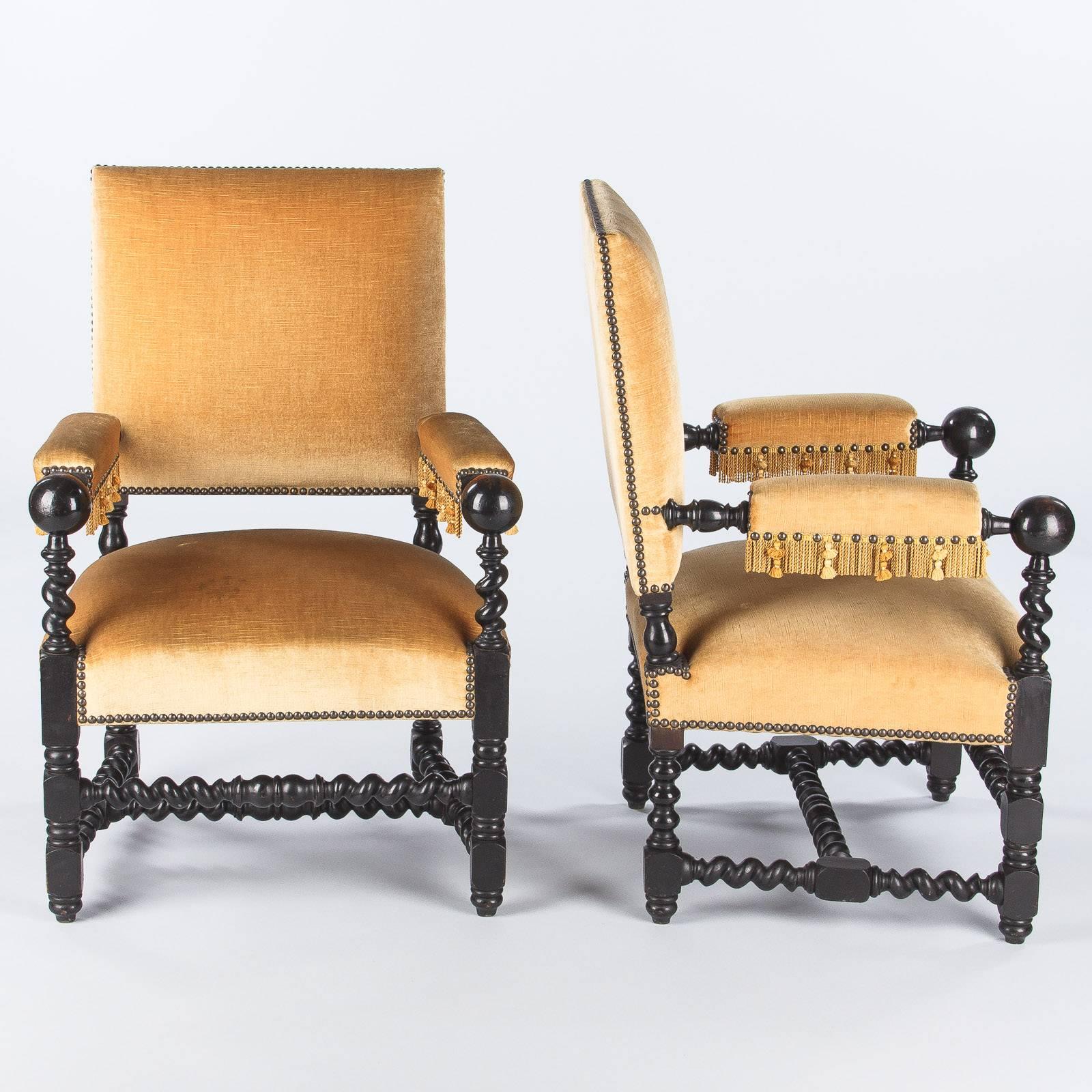 Pair of Louis XIII Style Ebonized Wood and Upholstered Armchairs, 1870s In Good Condition In Austin, TX