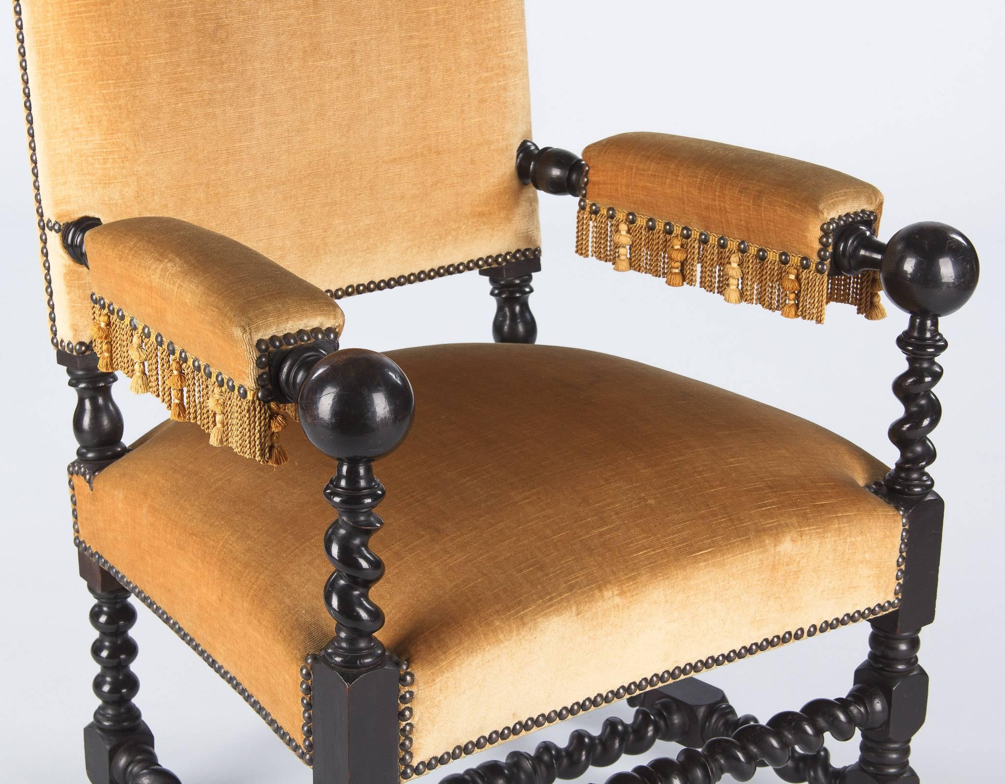 Late 19th Century Pair of Louis XIII Style Ebonized Wood and Upholstered Armchairs, 1870s