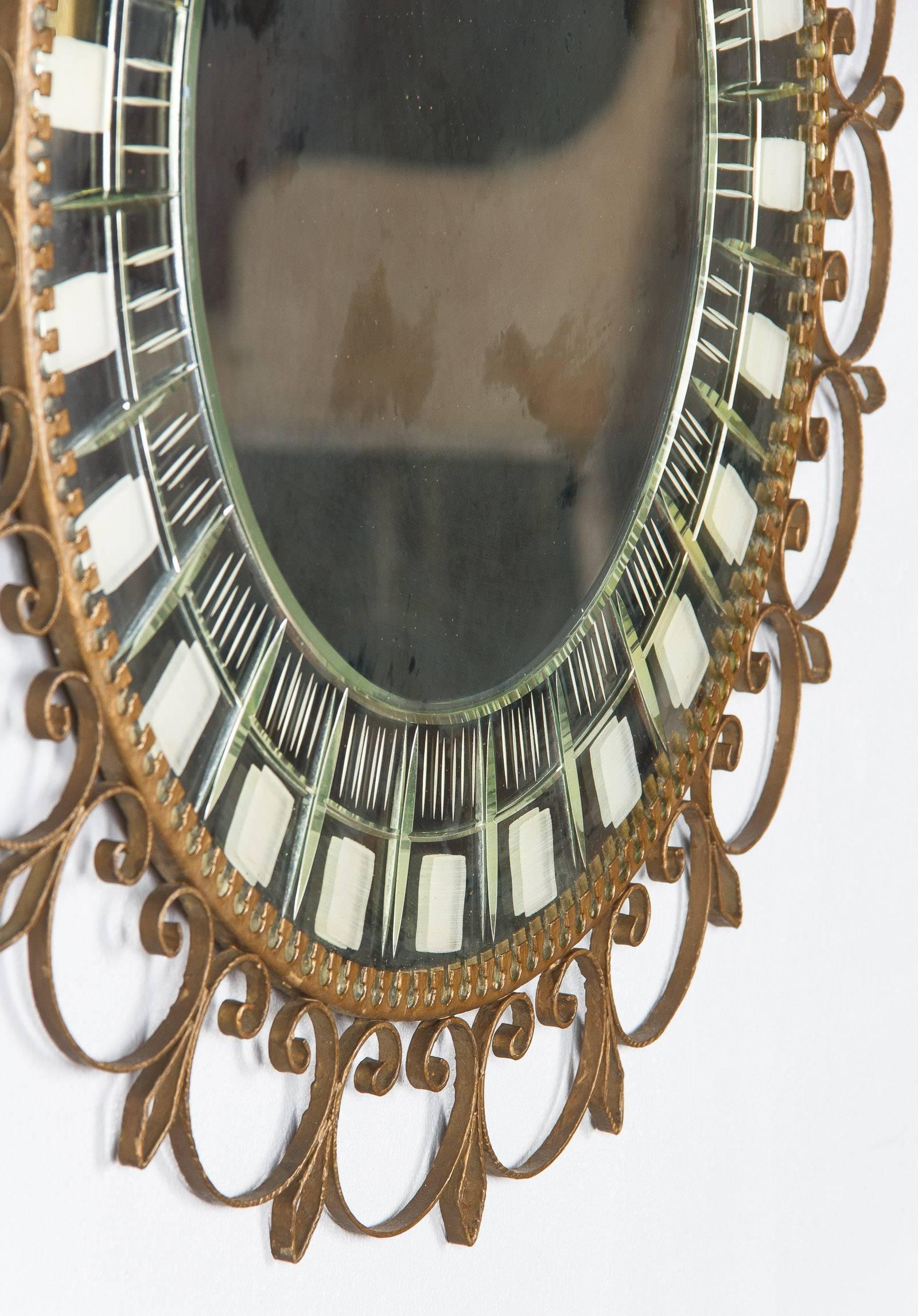 Mid-Century French Brass Round Mirror with Etched Glass 4