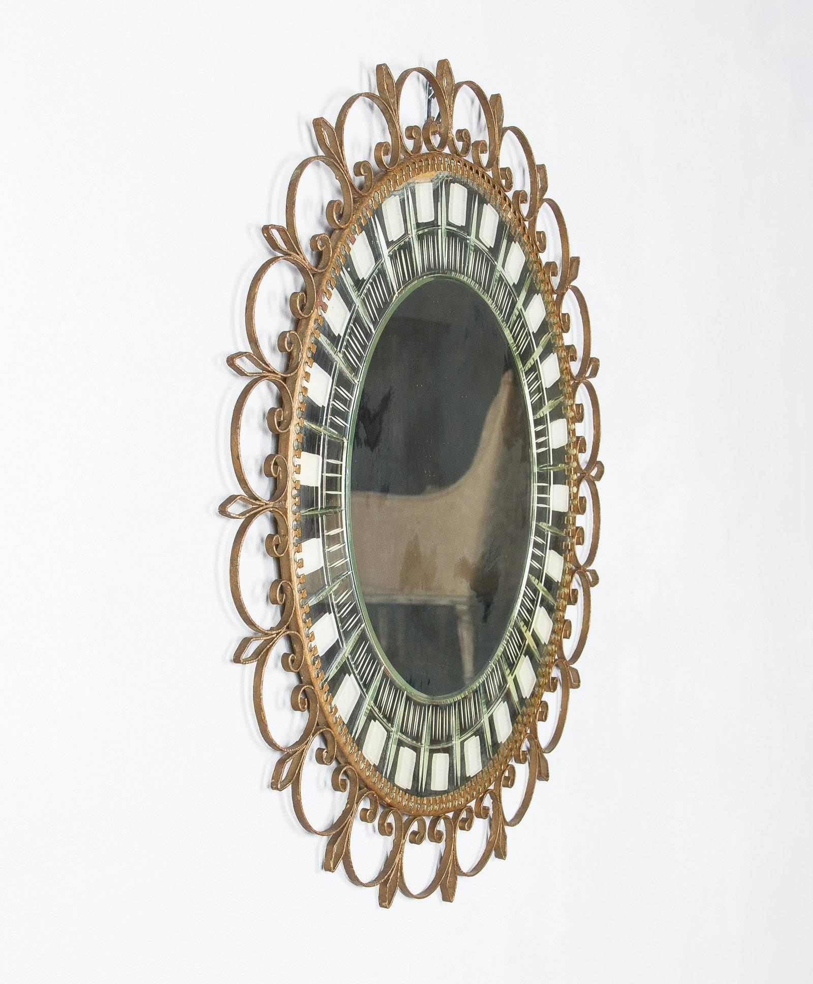 Mid-20th Century Mid-Century French Brass Round Mirror with Etched Glass