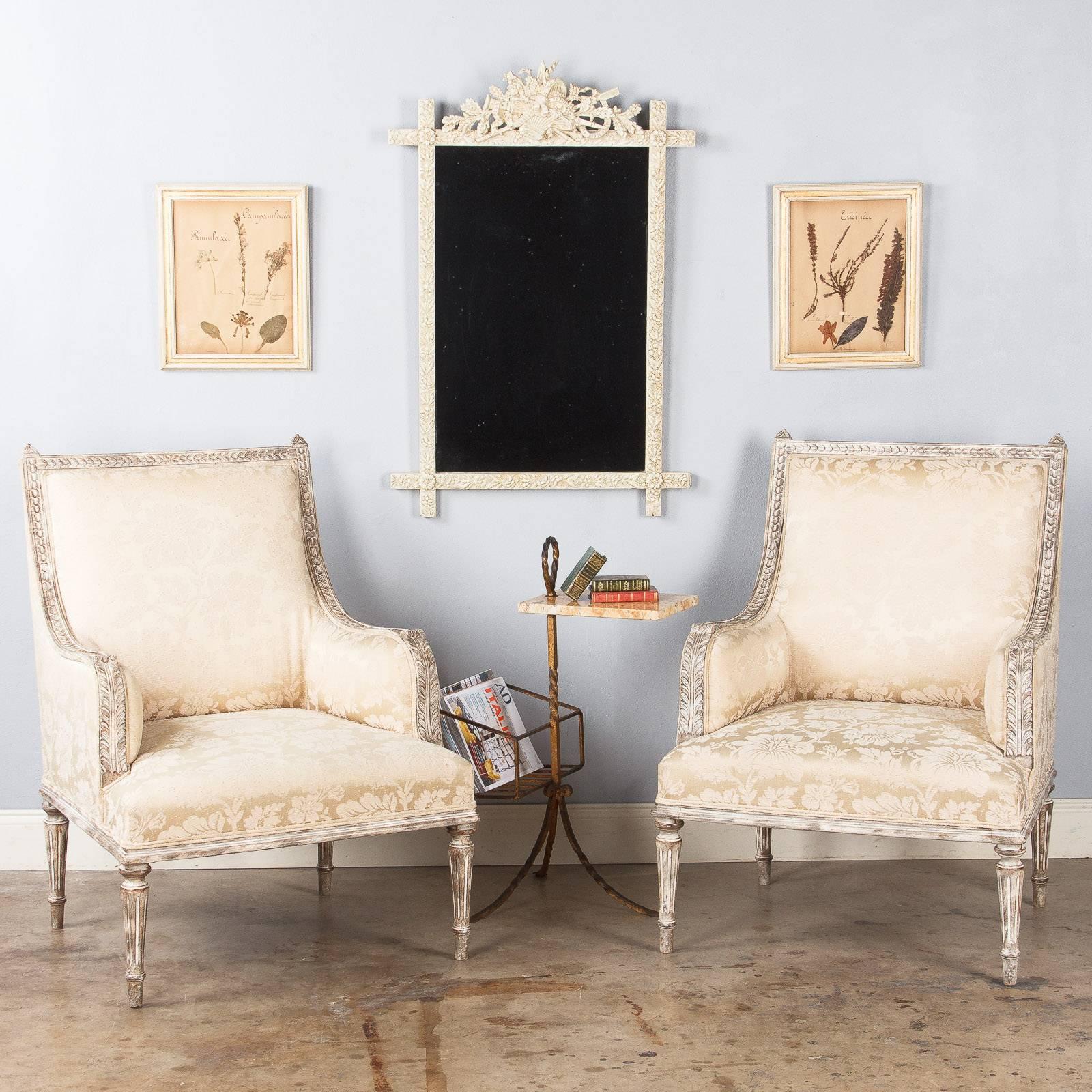 A set of six French pressed botanicals in wooden frames painted in gold and ivory tones. The botanicals are from a private collection and can be dated from the 1930s.