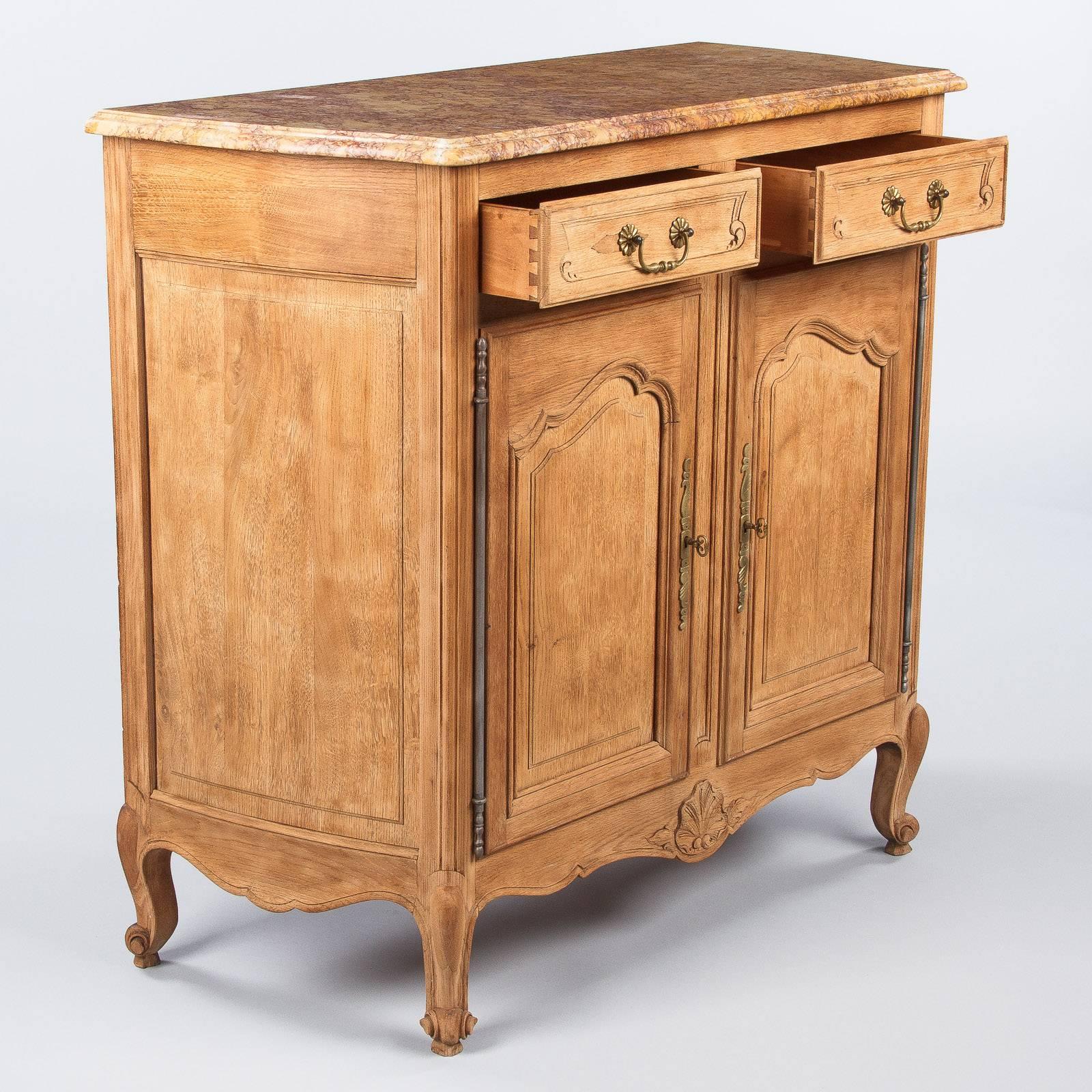 Louis XV Style Marble-Top Natural Oak Buffet, circa 1920s In Good Condition In Austin, TX