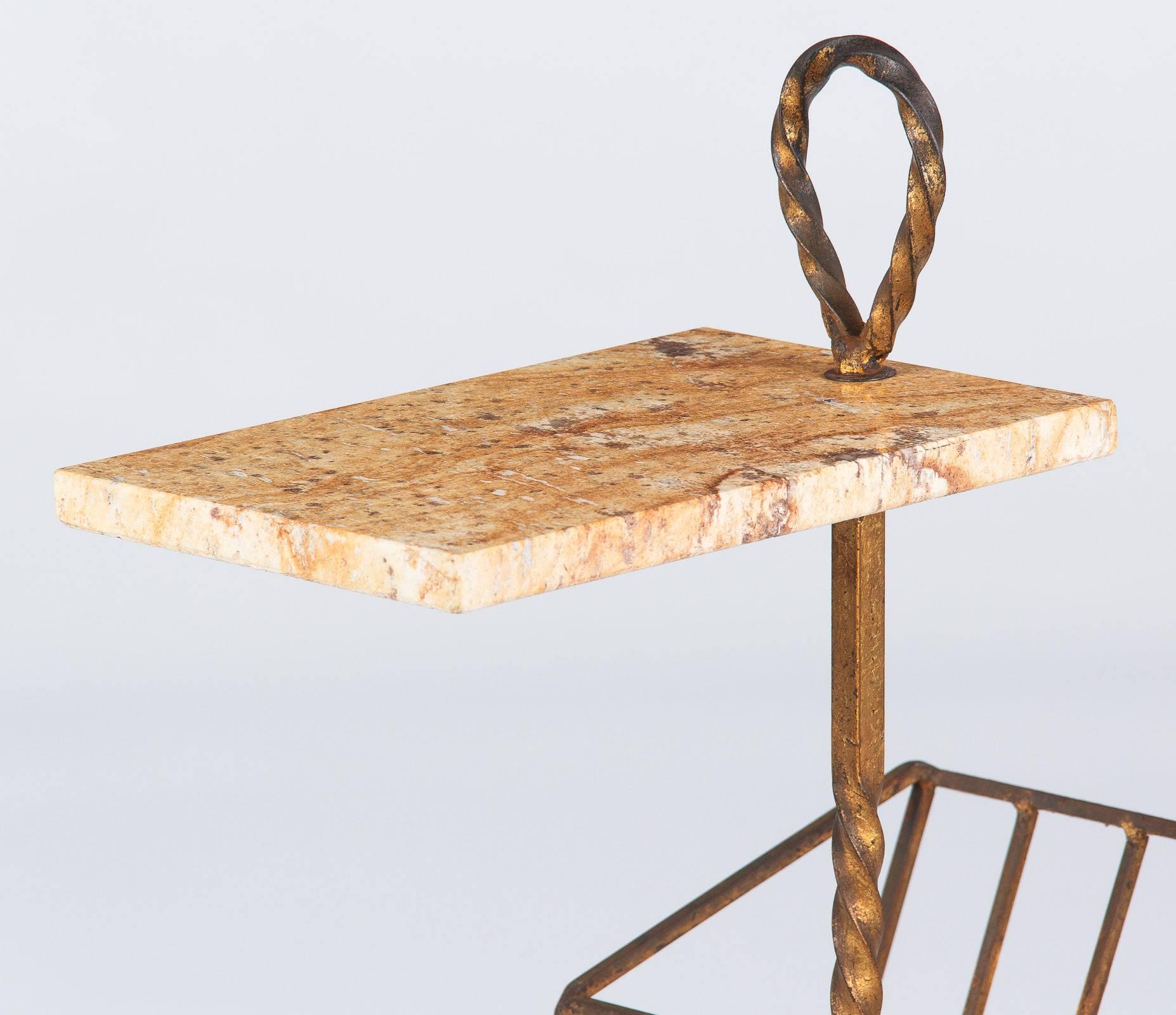 Gilt Spanish Mid-Century Gilded Metal Side Table with Magazine Holder