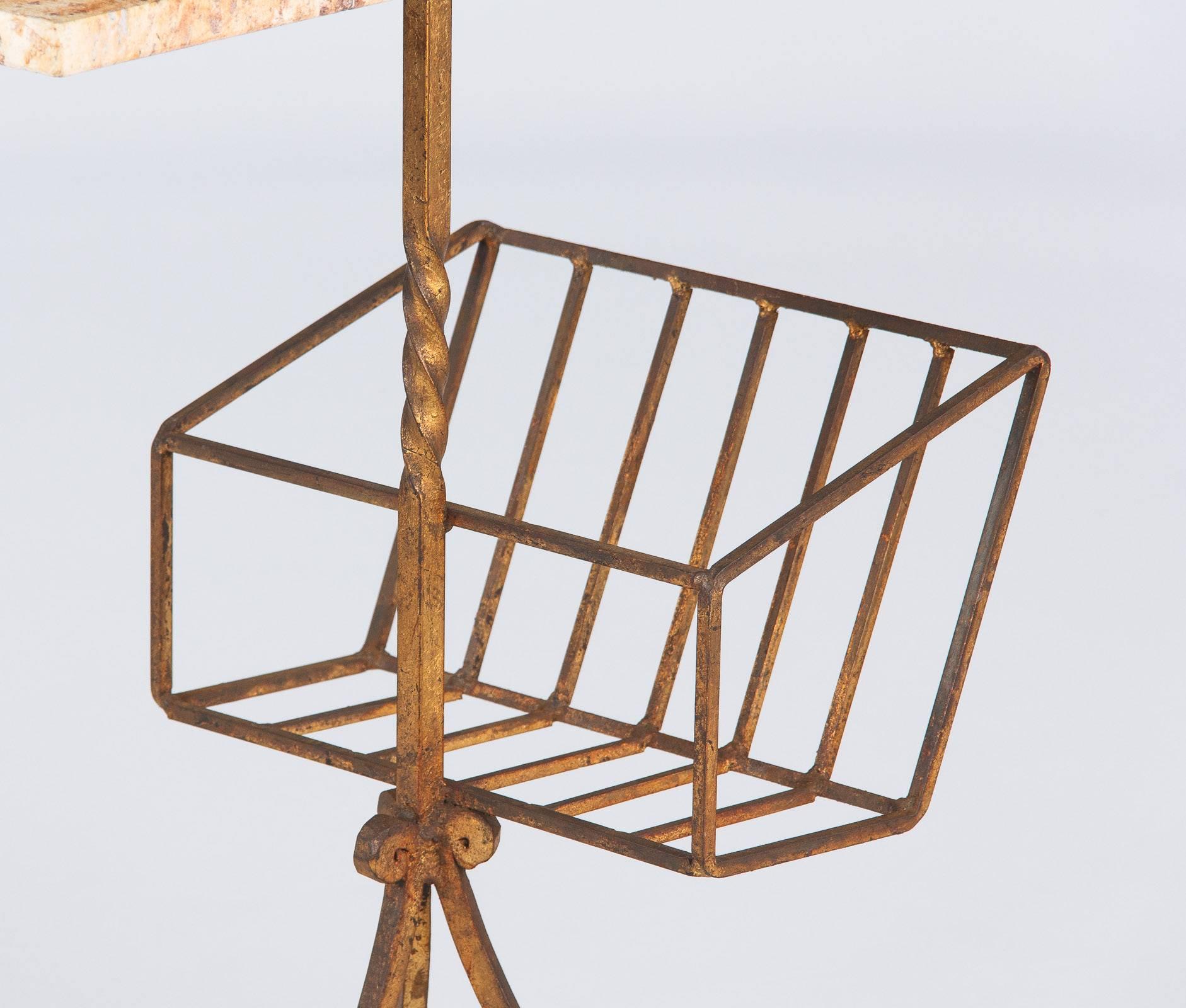 Mid-20th Century Spanish Mid-Century Gilded Metal Side Table with Magazine Holder