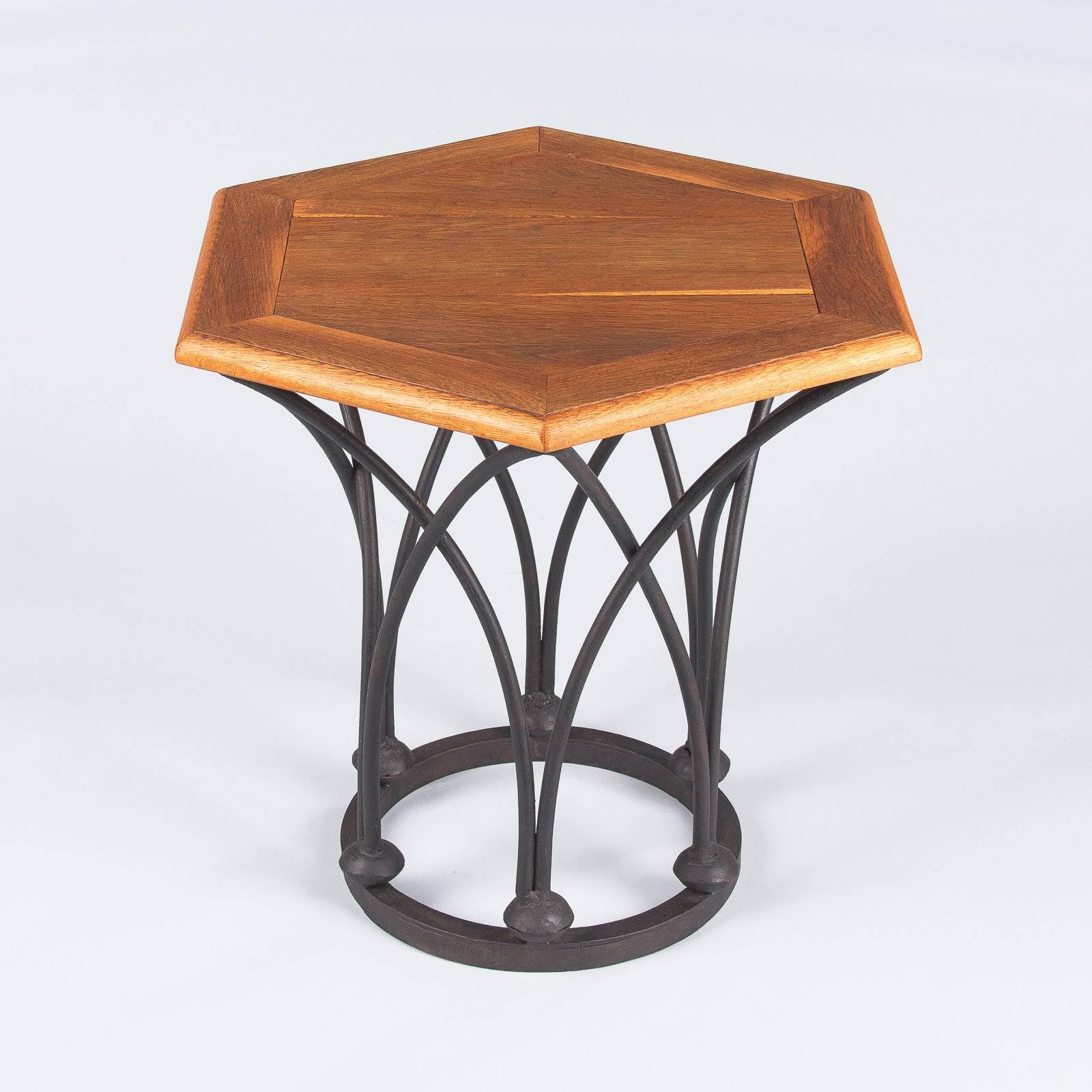 Mid-Century French Hexagonal Side Table with Iron Base In Good Condition In Austin, TX