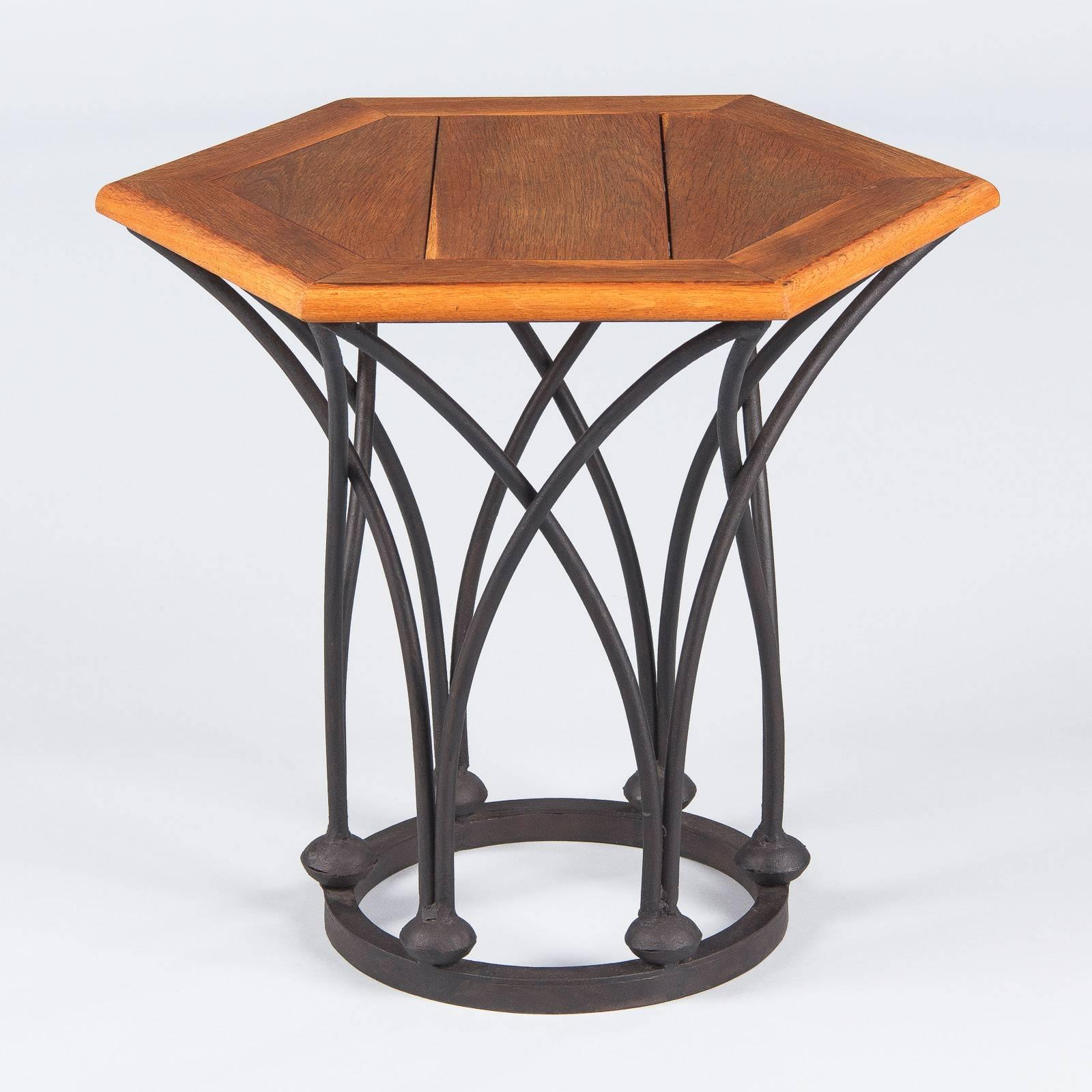 Mid-Century French Hexagonal Side Table with Iron Base 1