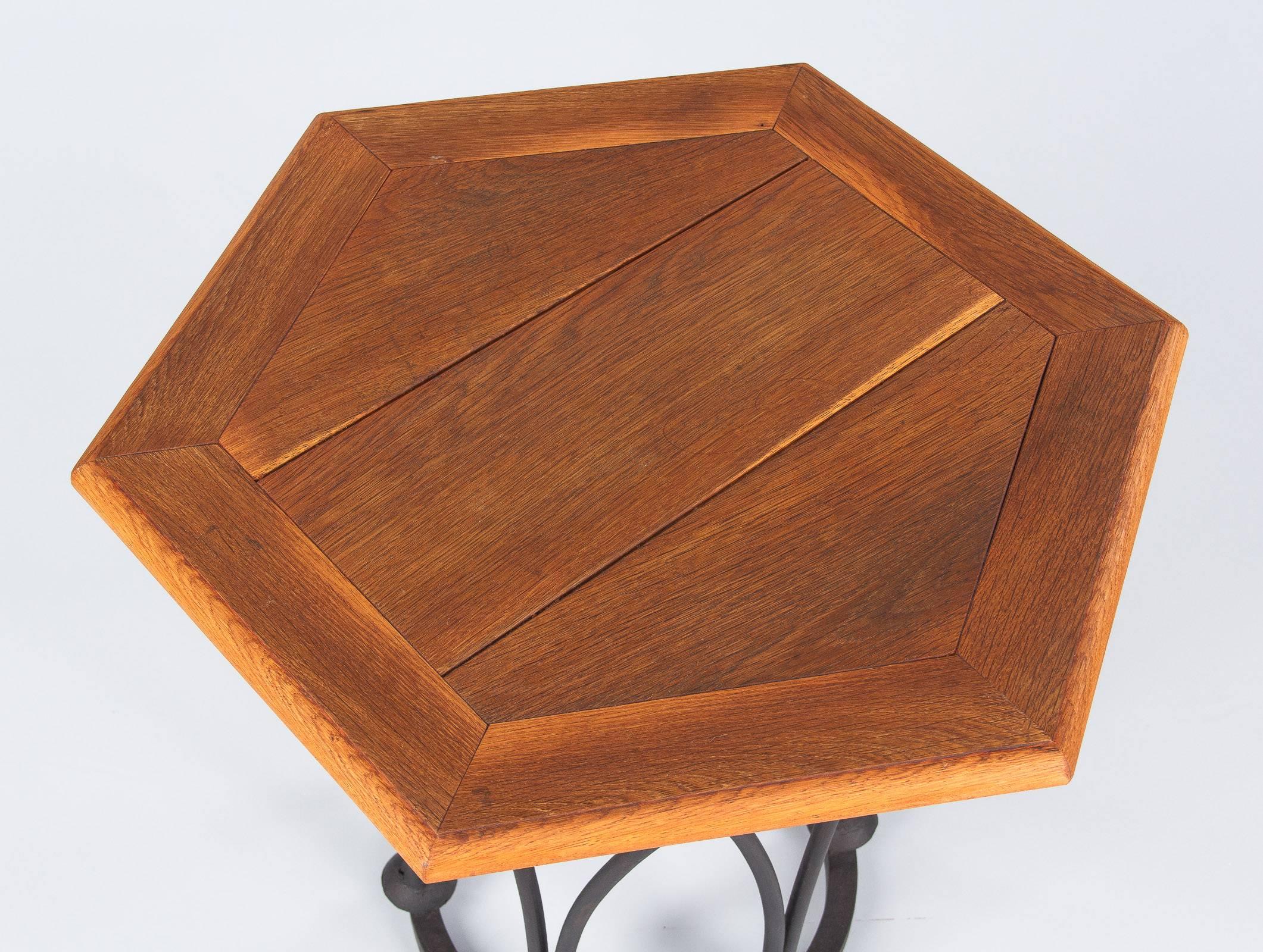 Mid-Century Modern Mid-Century French Hexagonal Side Table with Iron Base