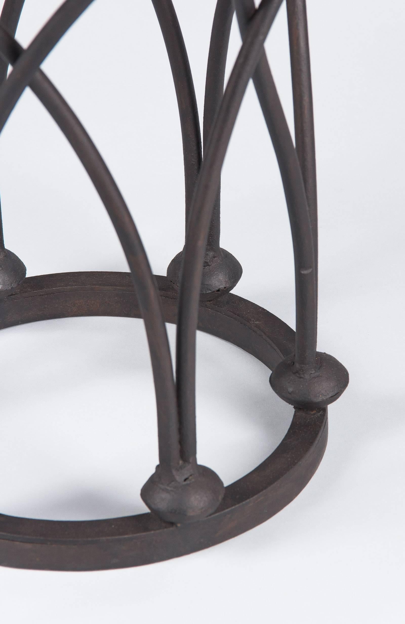Oak Mid-Century French Hexagonal Side Table with Iron Base