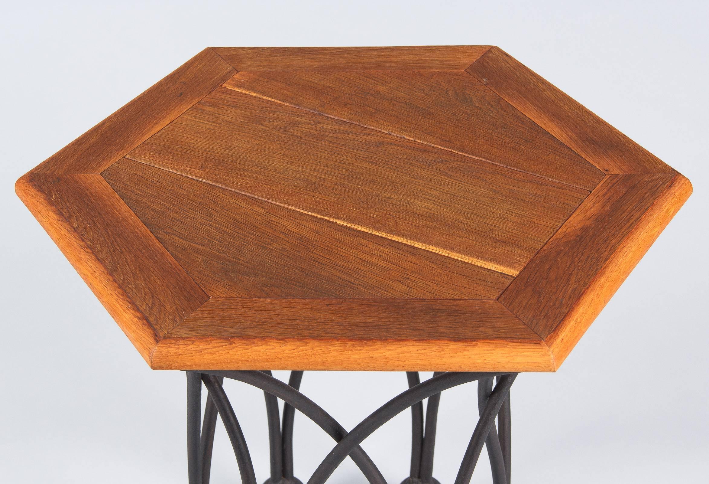 Mid-Century French Hexagonal Side Table with Iron Base 2