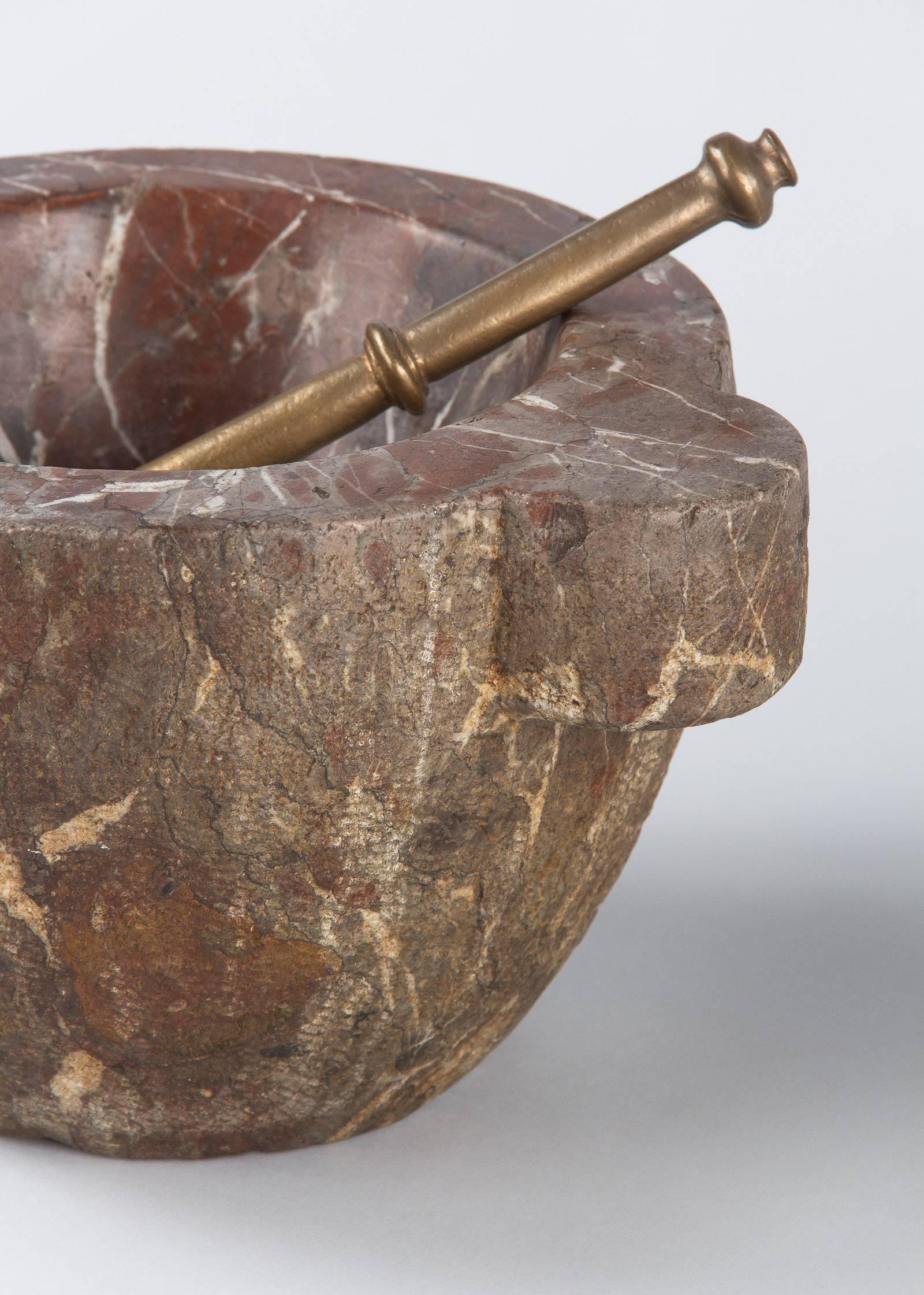 French Apothecary Marble Mortar with Brass Pestle, 19th Century In Good Condition In Austin, TX