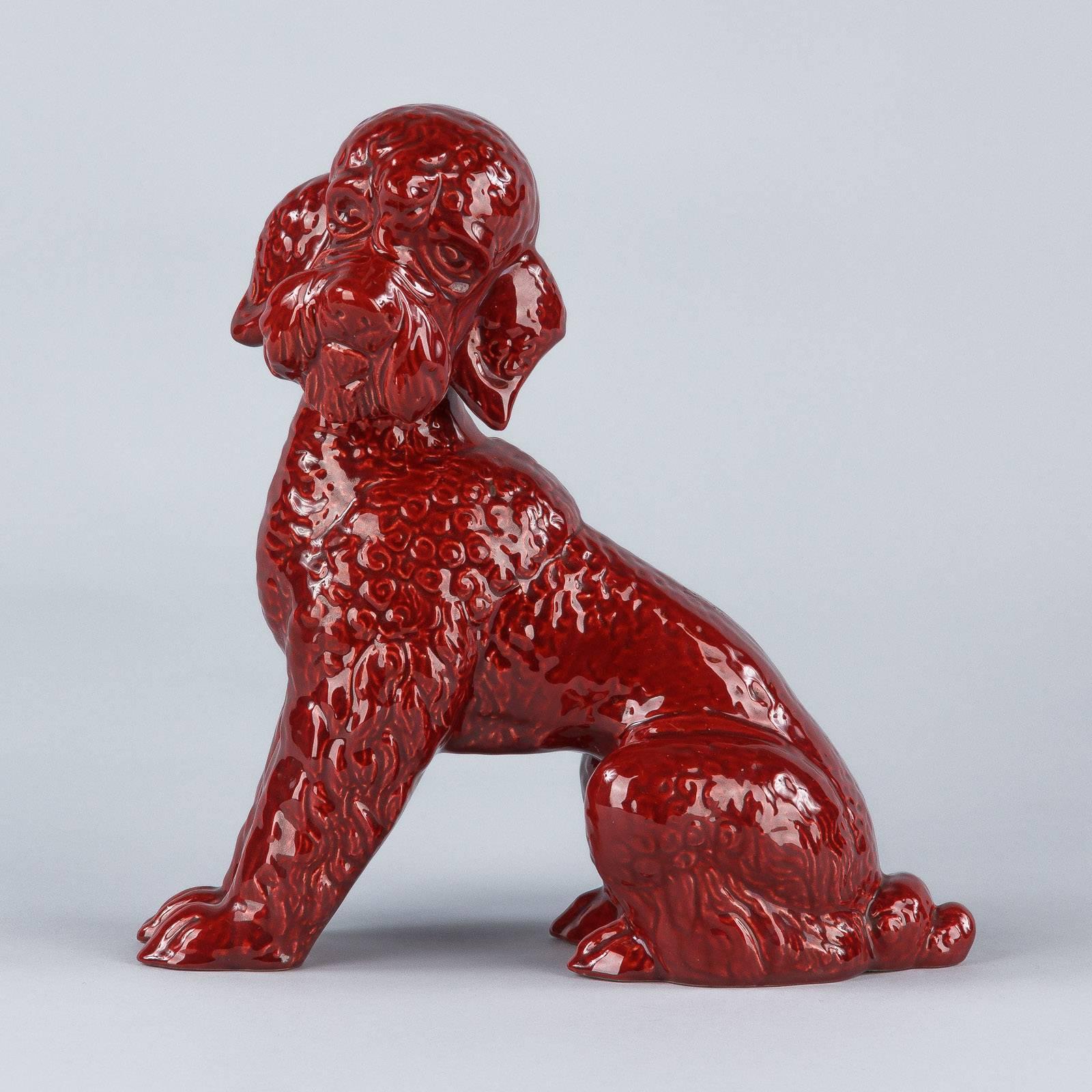 French Red Ceramic Poodle Dog Sculpture, 1950s 1