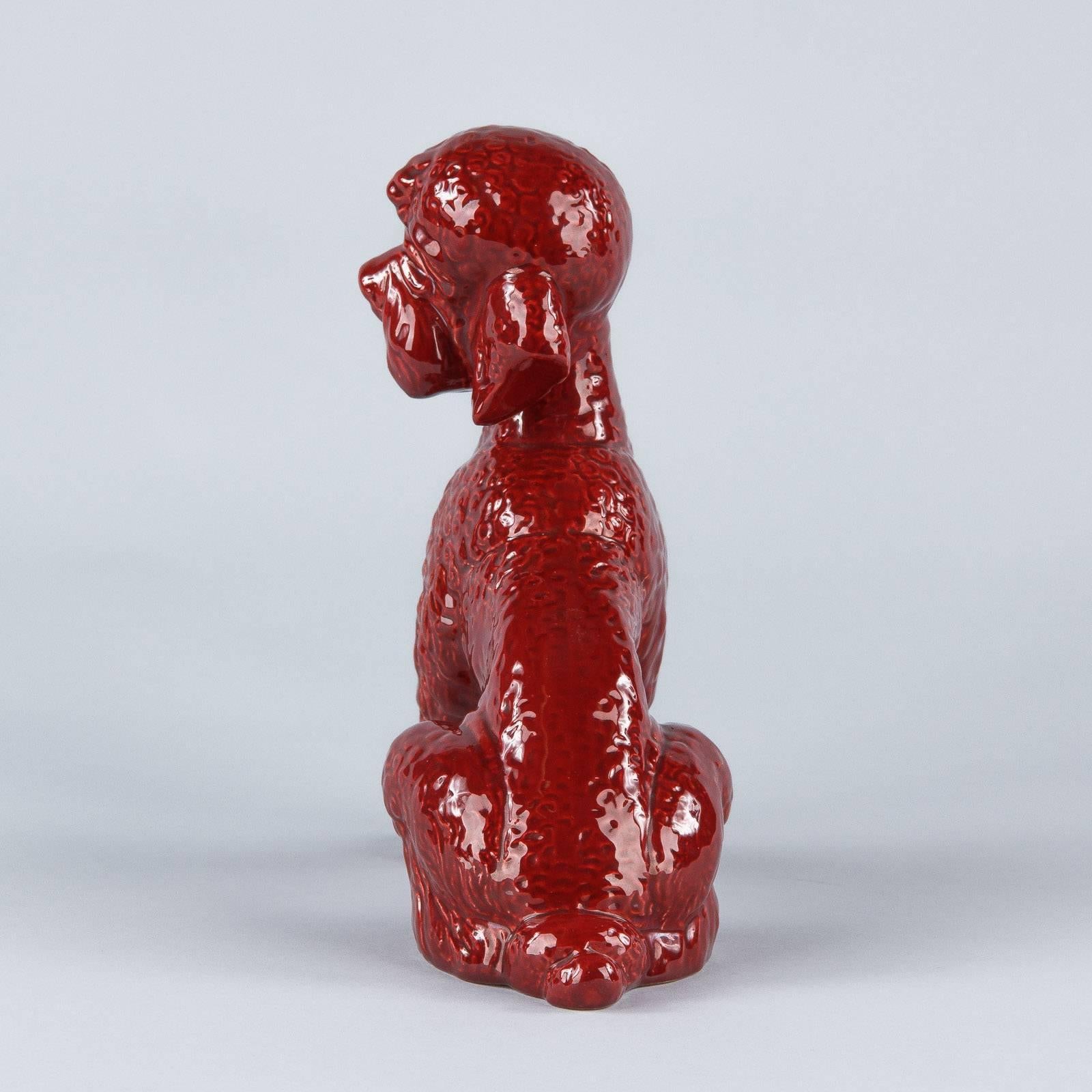 Glazed French Red Ceramic Poodle Dog Sculpture, 1950s