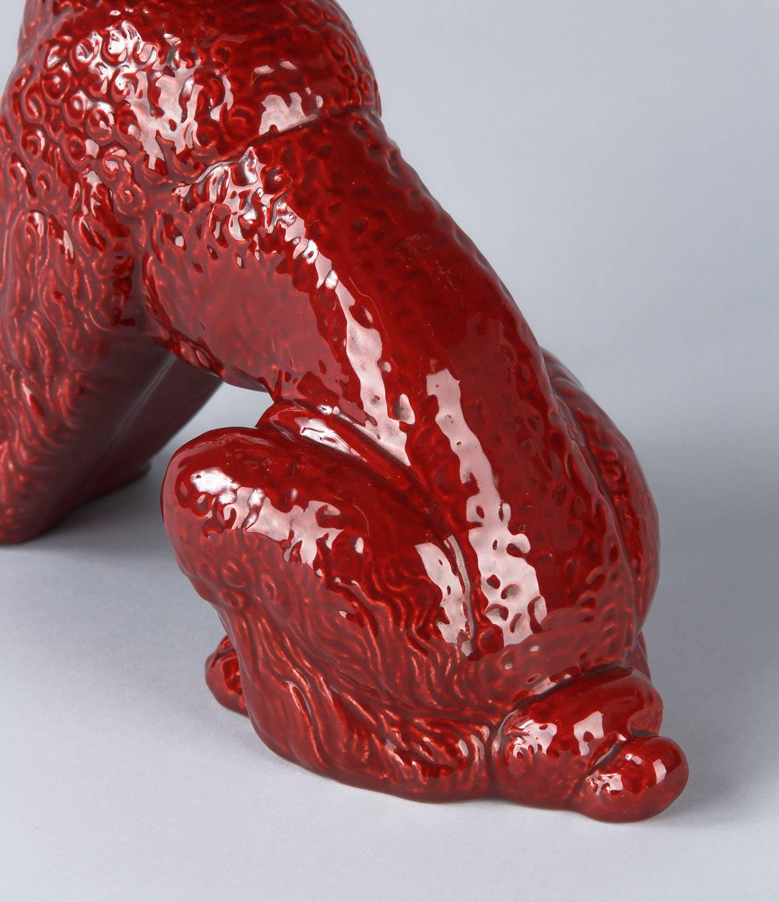 Mid-Century Modern French Red Ceramic Poodle Dog Sculpture, 1950s