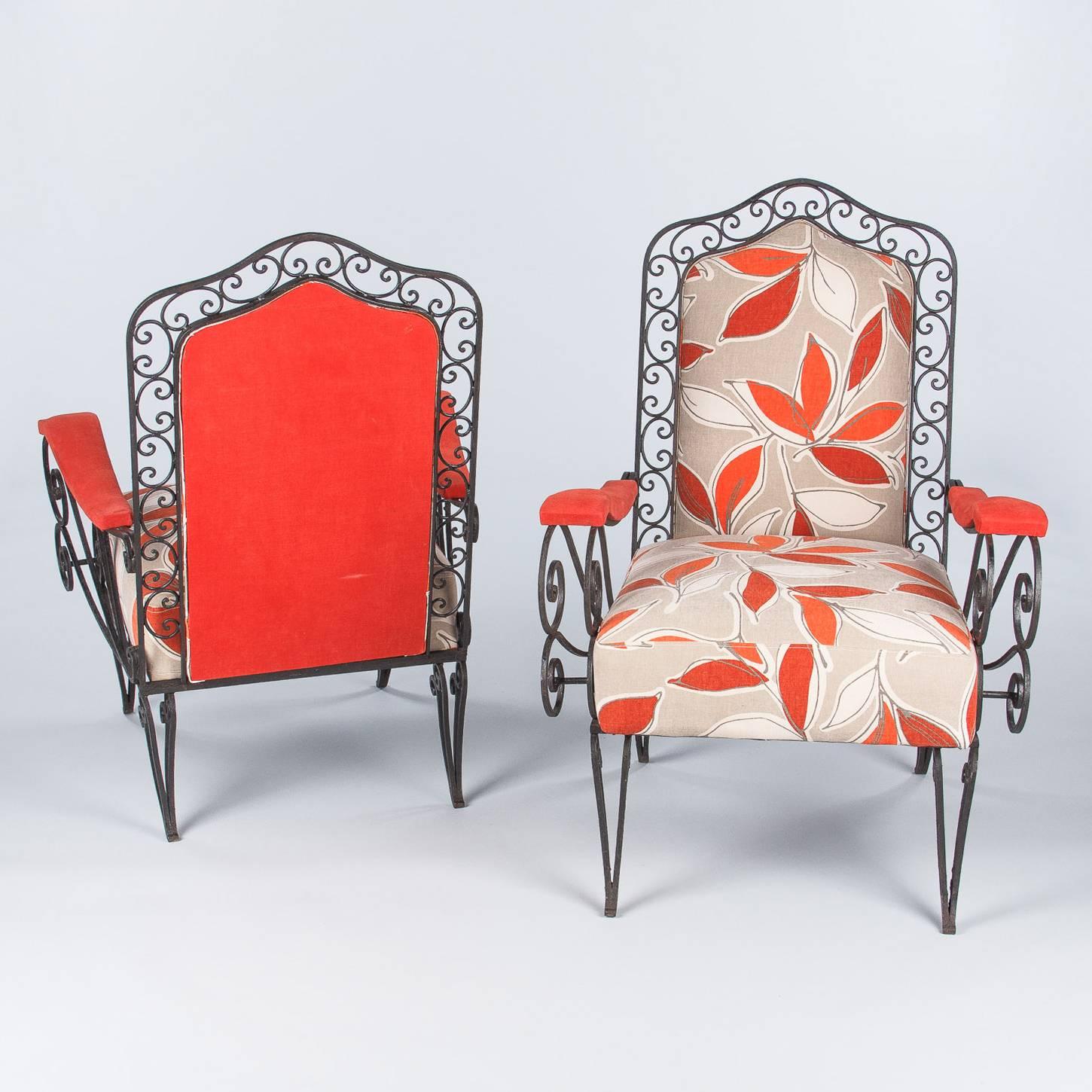 Mid-20th Century Pair of French Wrought Iron Armchairs with Red Leaf Upholstery, 1940s