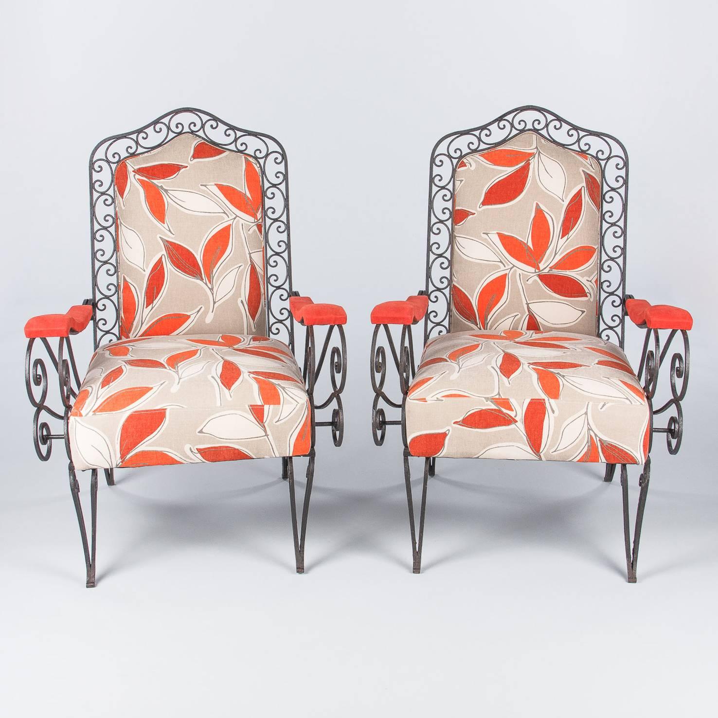 Pair of French Wrought Iron Armchairs with Red Leaf Upholstery, 1940s In Good Condition In Austin, TX