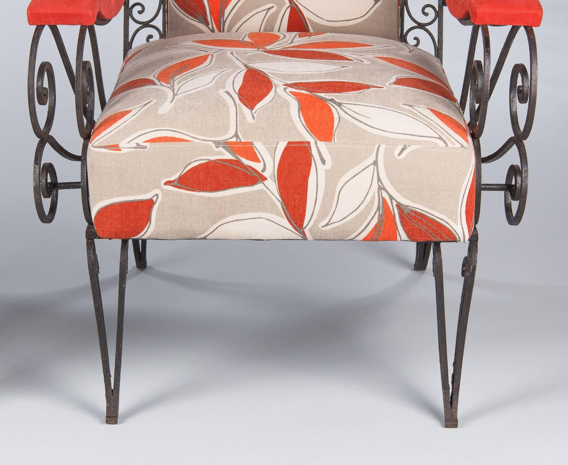 Pair of French Wrought Iron Armchairs with Red Leaf Upholstery, 1940s 4