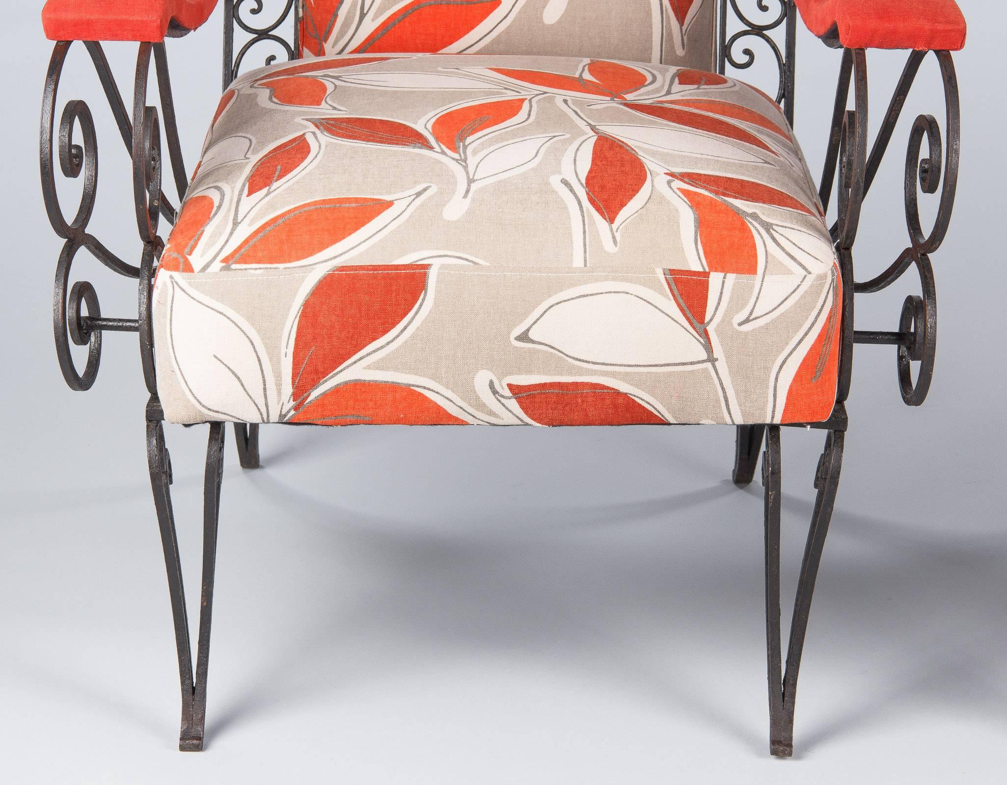 Pair of French Wrought Iron Armchairs with Red Leaf Upholstery, 1940s 1