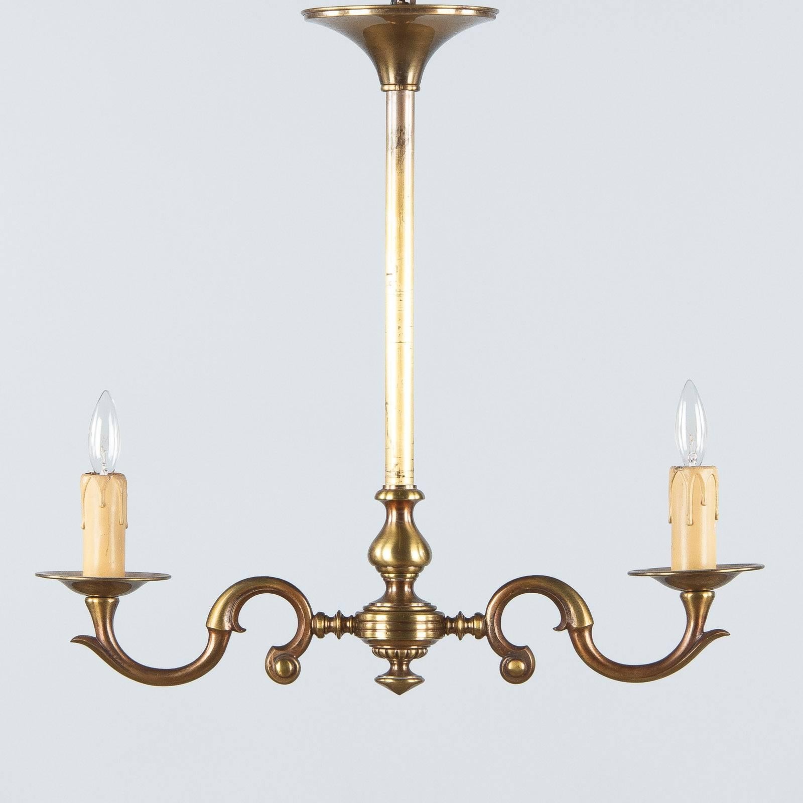Neoclassical Revival Pair of 1940s French Brass Chandeliers