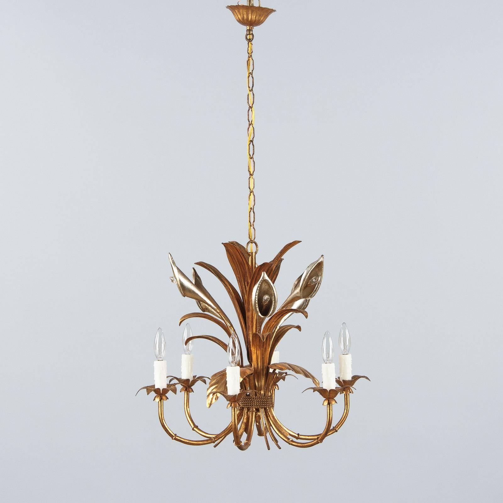 Mid-Century Modern Pair of French Gilded Metal Chandeliers, 1950s