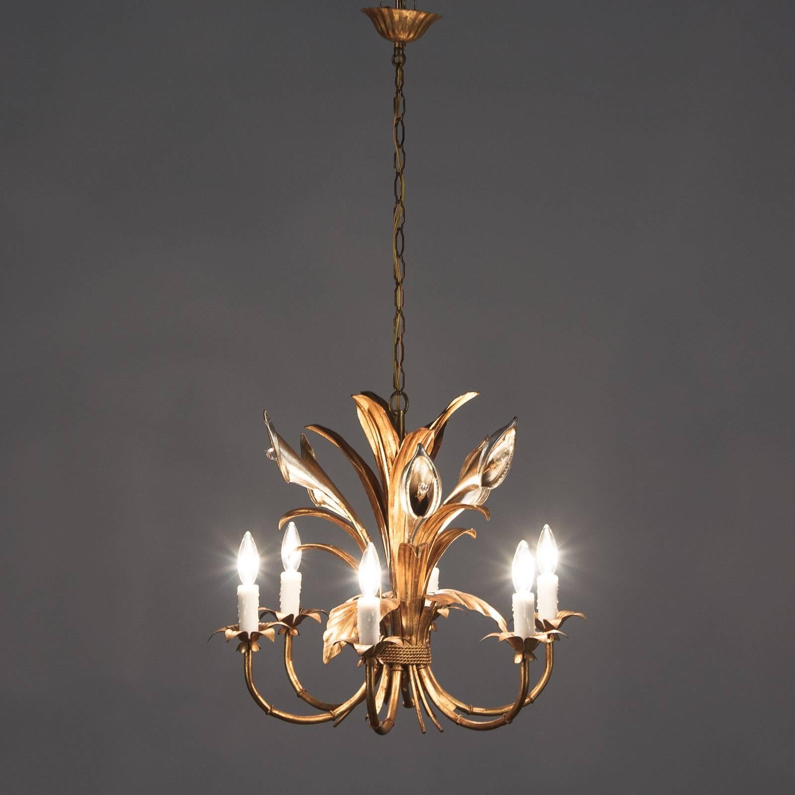 Pair of French Gilded Metal Chandeliers, 1950s In Good Condition In Austin, TX