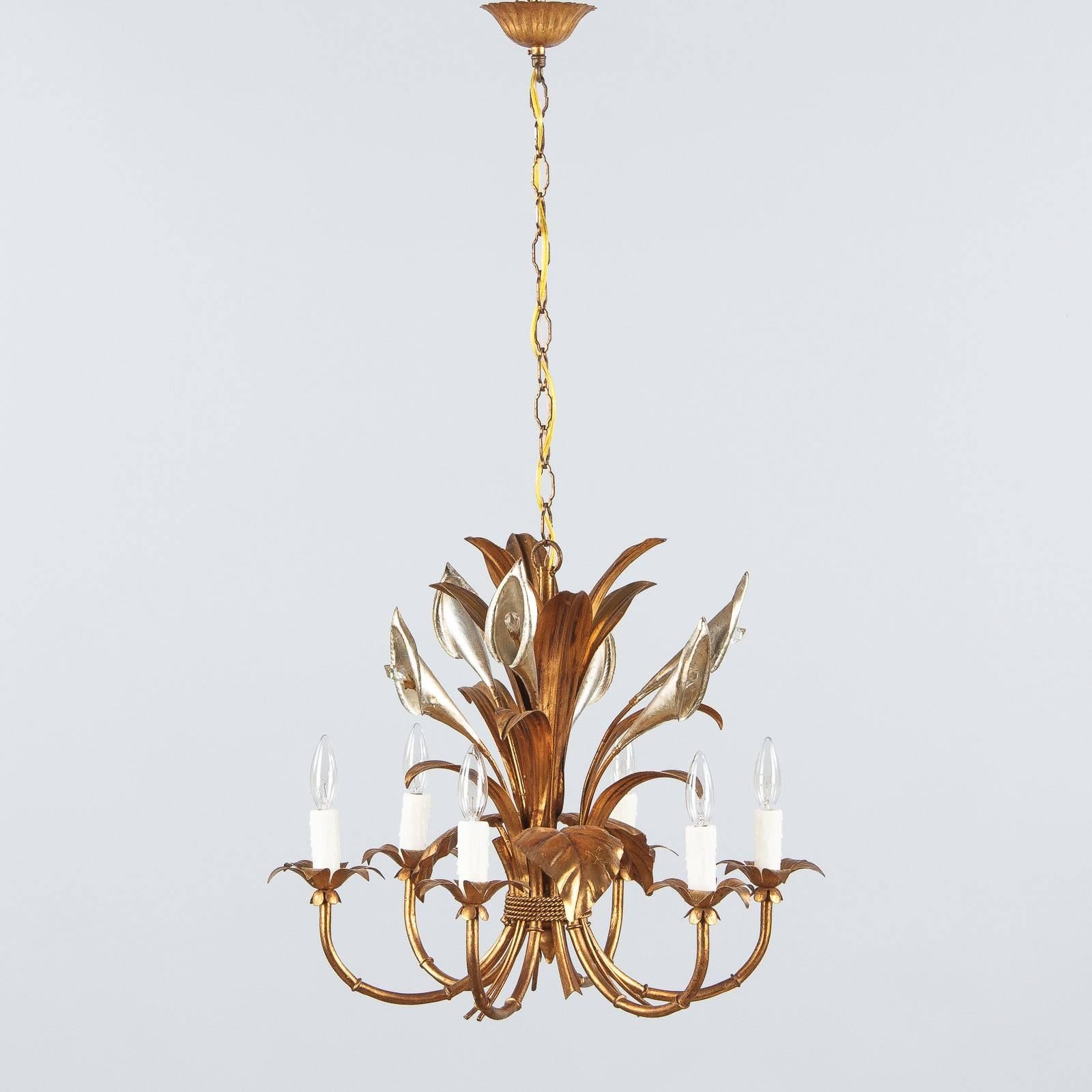 Gilt Pair of French Gilded Metal Chandeliers, 1950s