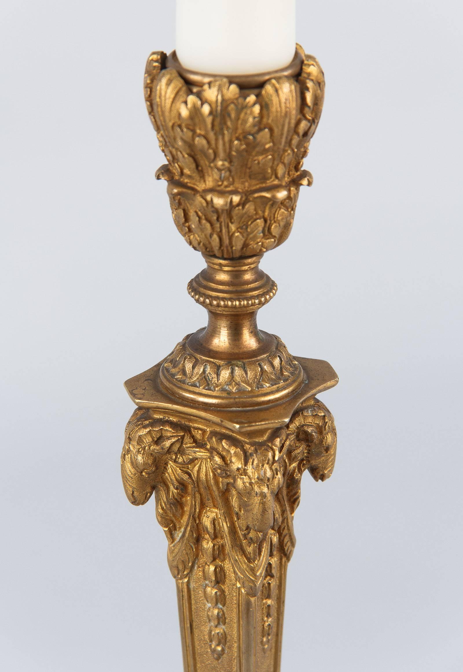French Napoleon III Gilded Bronze Candlestick Lamp, 1870s