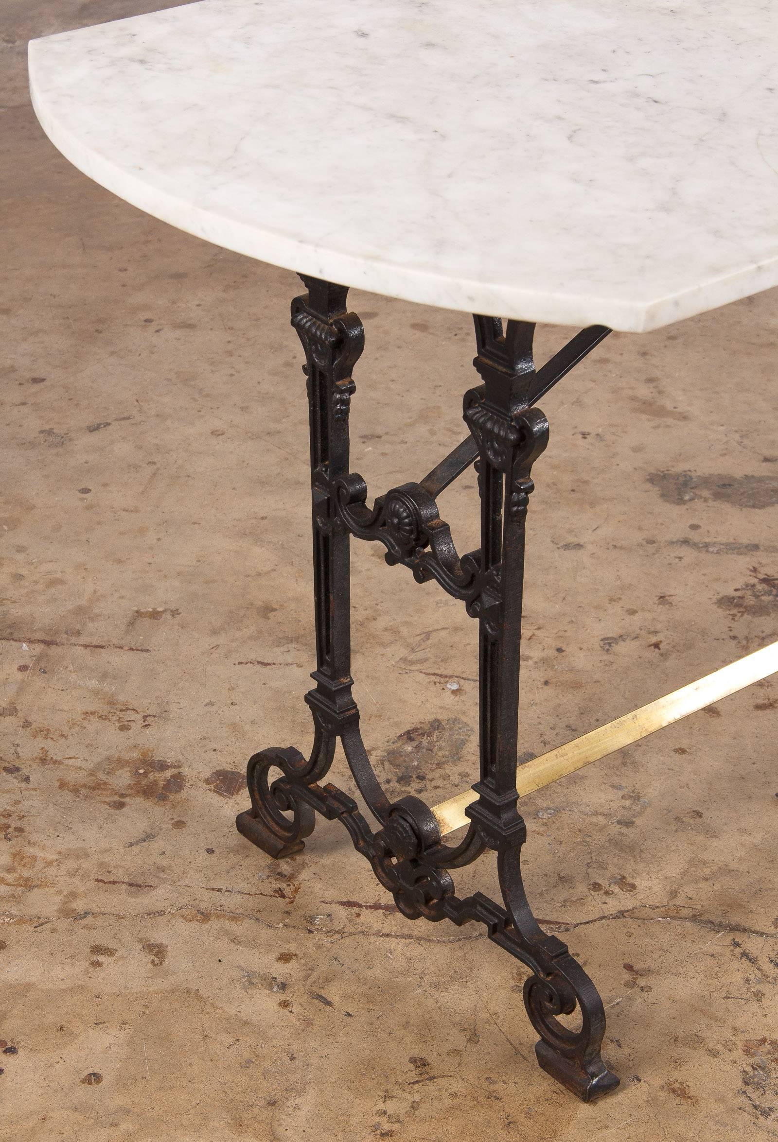Brass French Art Nouveau Marble-Top Wrought Iron Bistro Table, 1890s