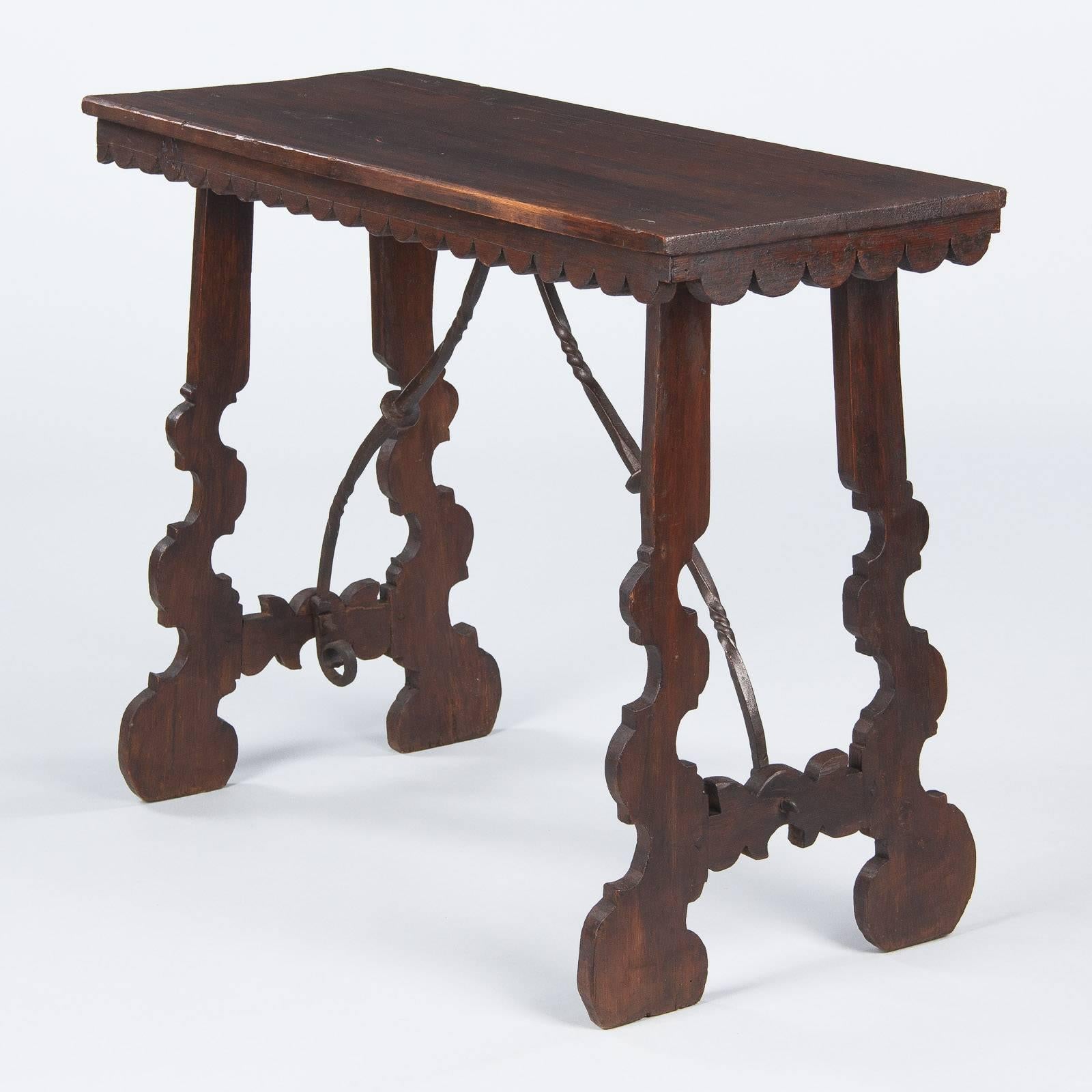 Spanish Pine Console Table with Iron Stretcher, Late 1800s 6