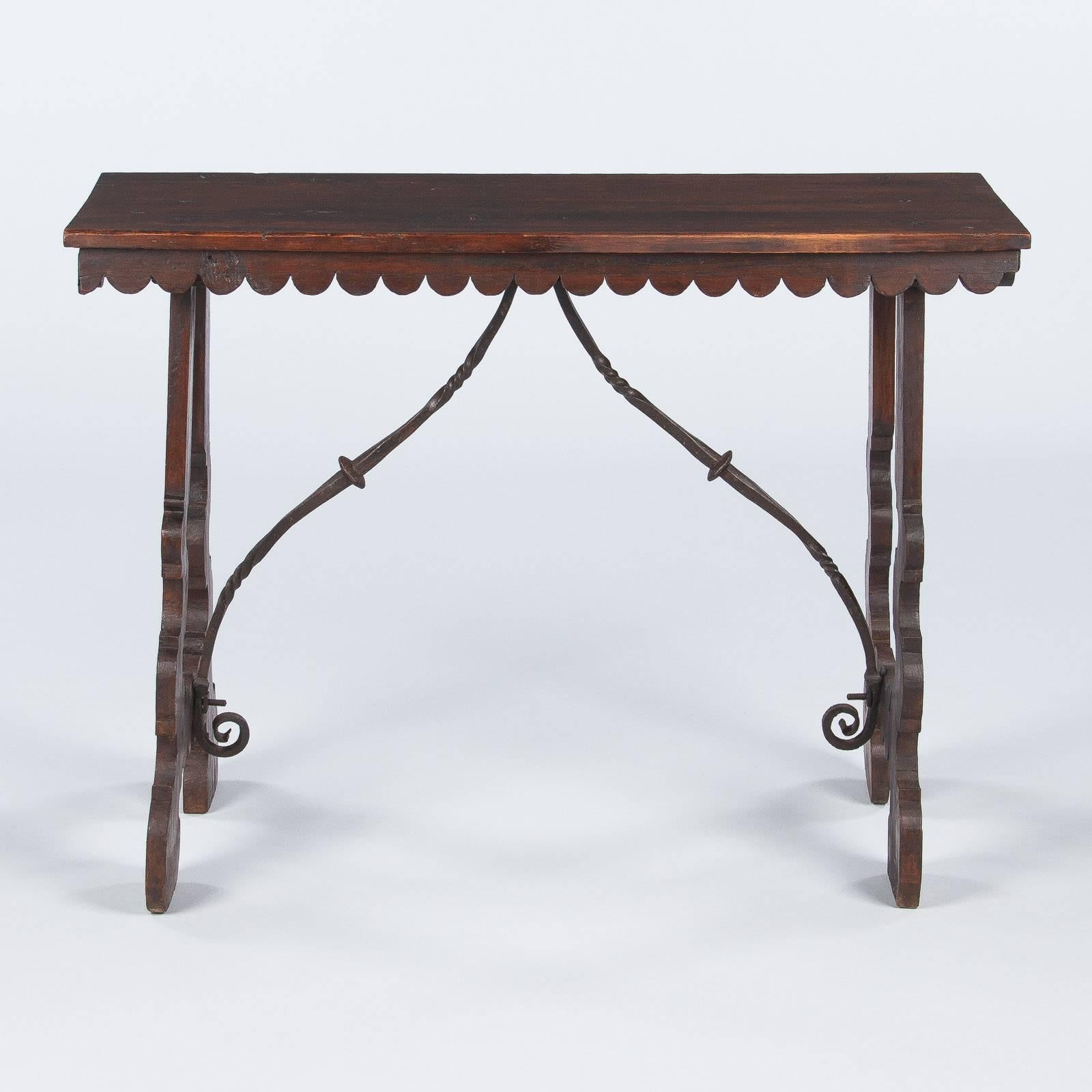 Spanish Pine Console Table with Iron Stretcher, Late 1800s 1