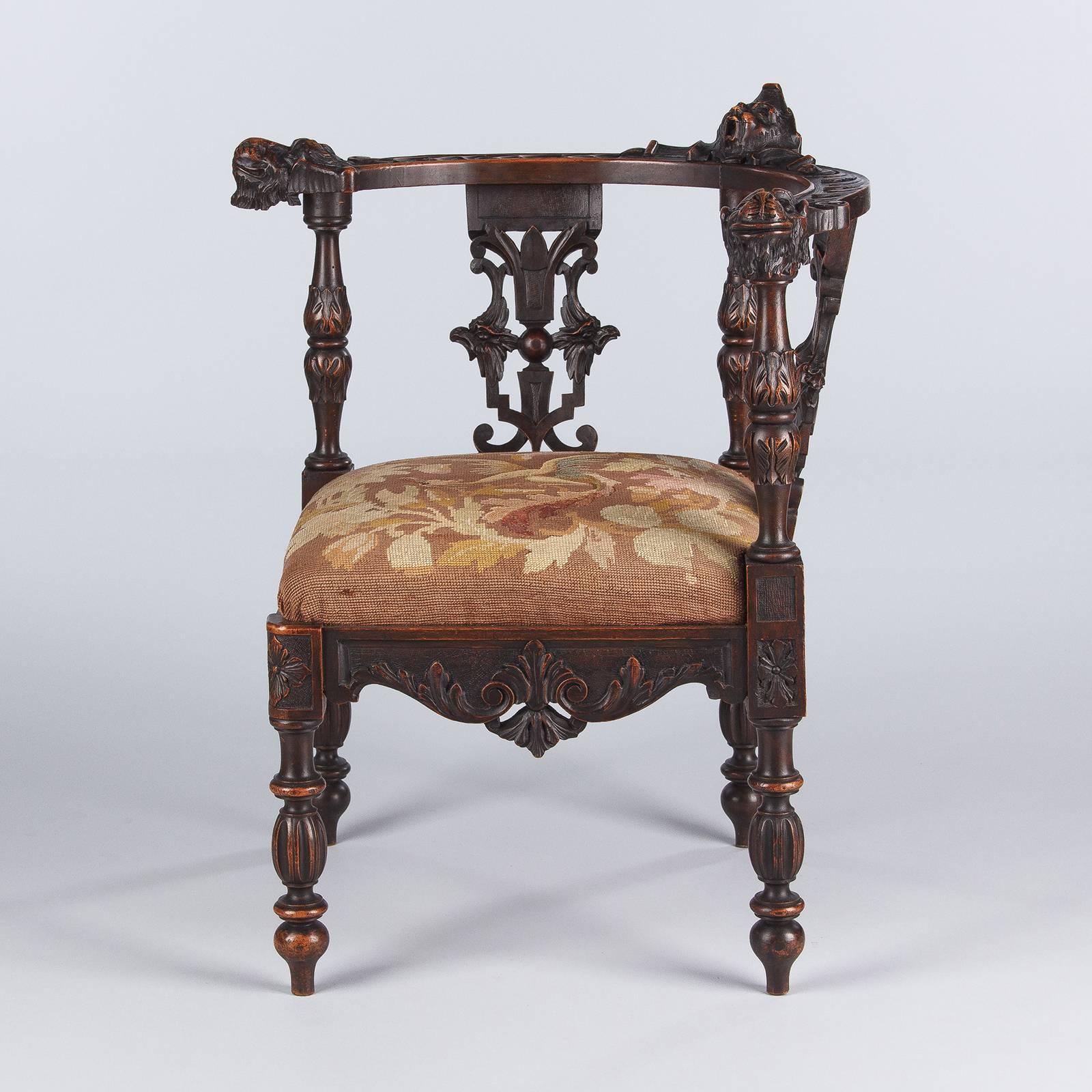 French Renaissance Style Carved Walnut Corner Armchair, Late 1800s 3