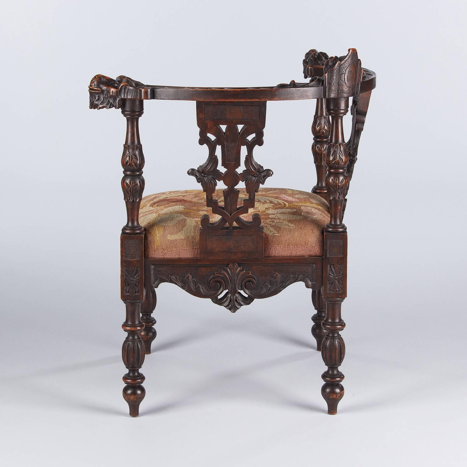 French Renaissance Style Carved Walnut Corner Armchair, Late 1800s 4