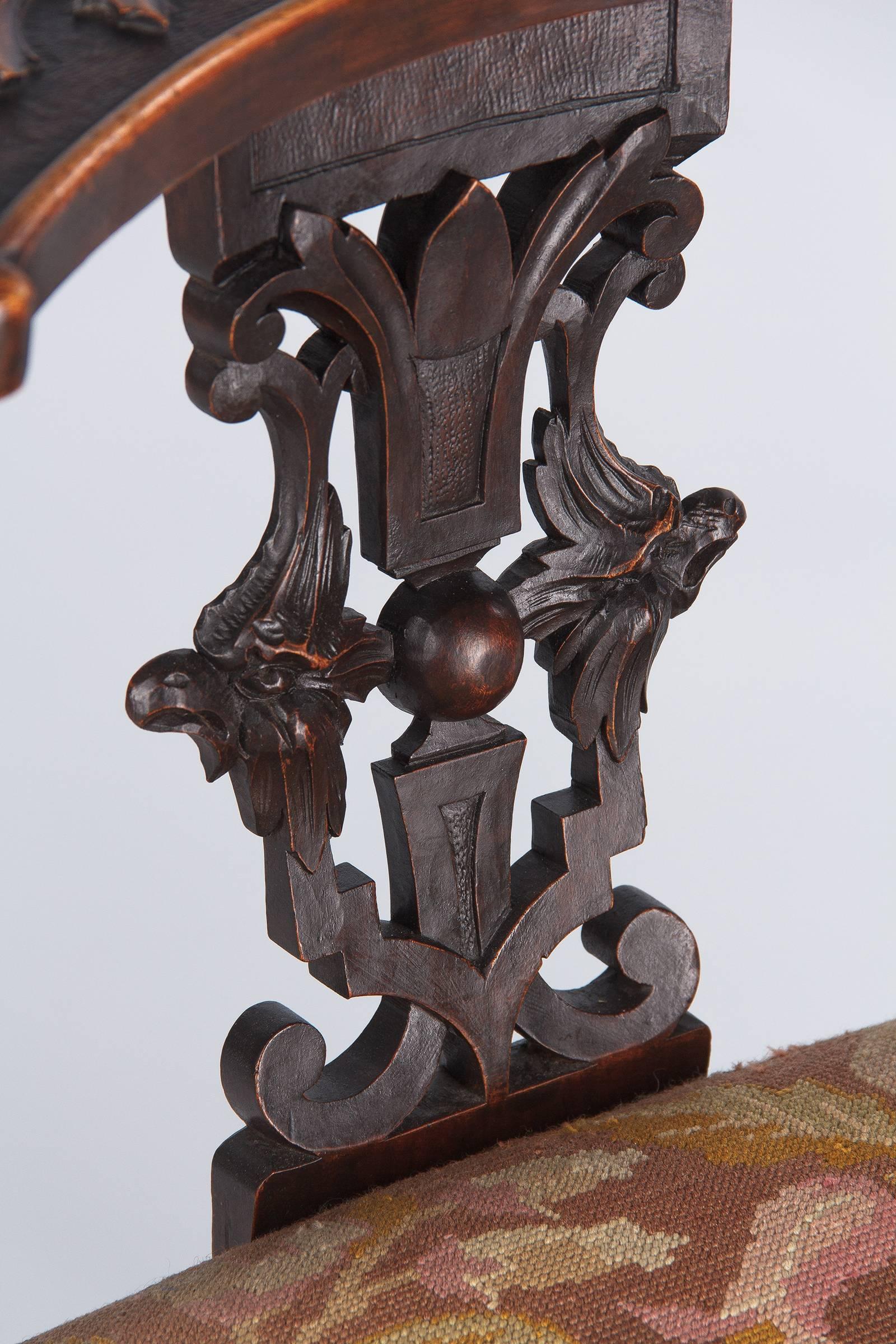 19th Century French Renaissance Style Carved Walnut Corner Armchair, Late 1800s