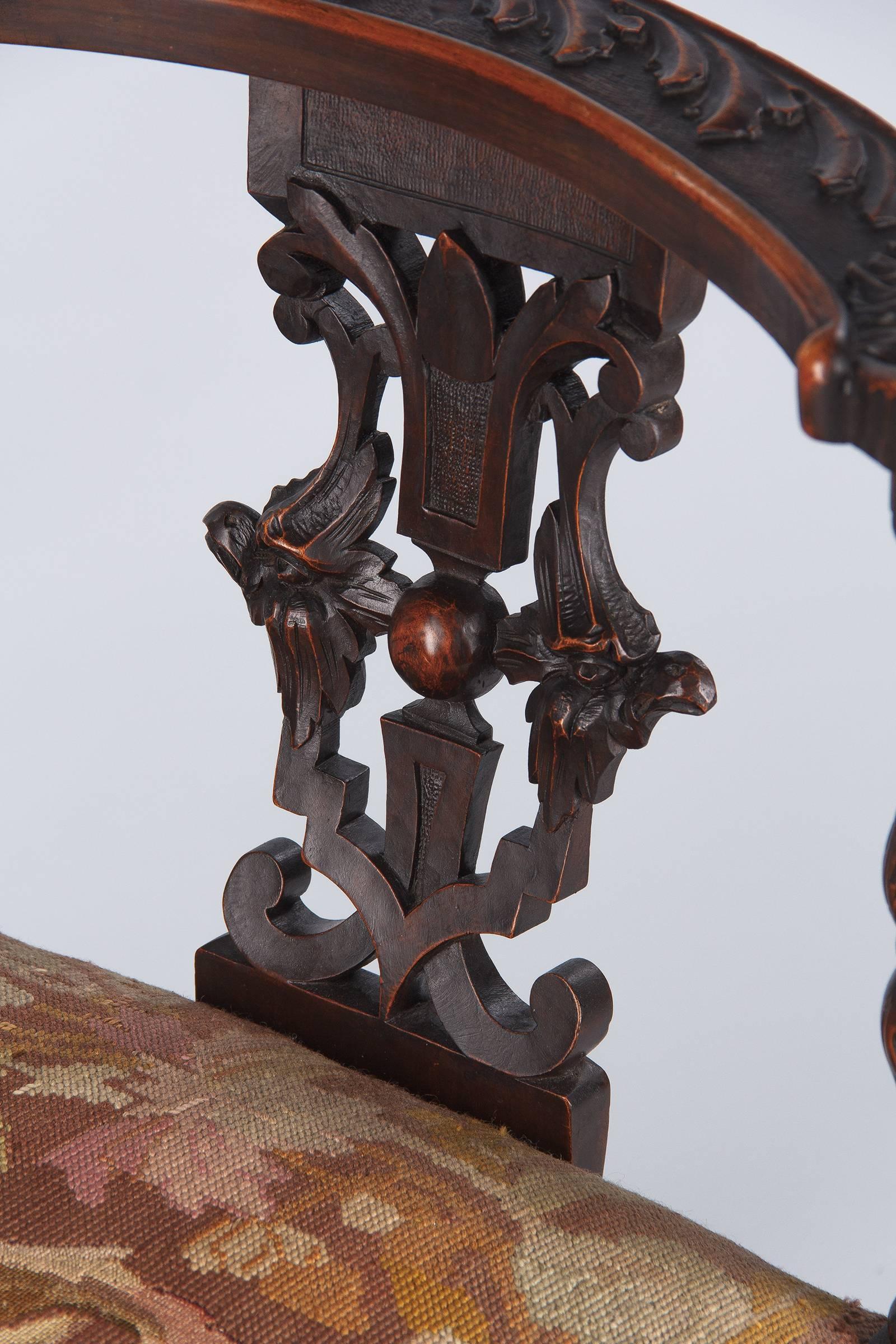 French Renaissance Style Carved Walnut Corner Armchair, Late 1800s 1