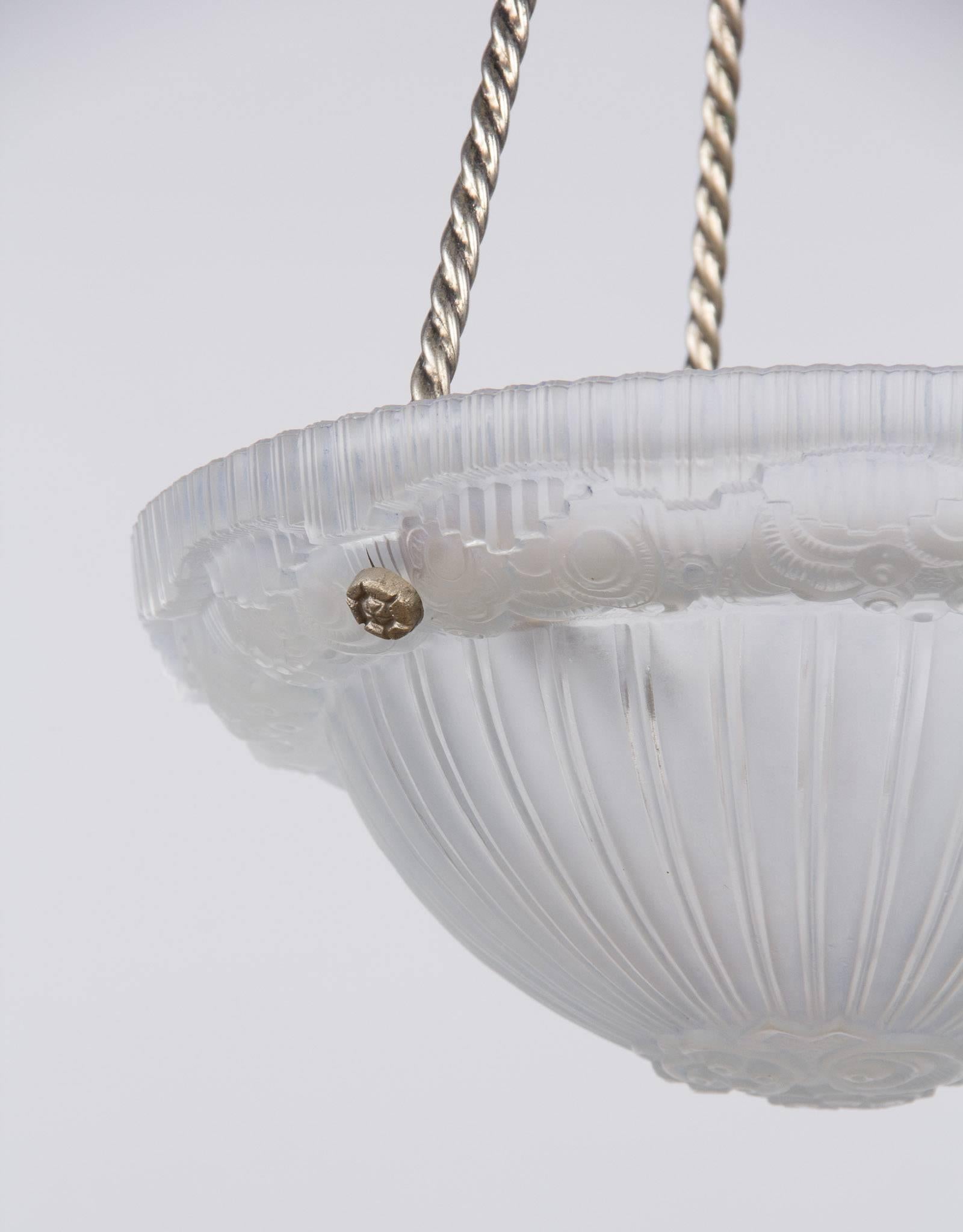 French Art Deco Frosted Glass and Nickel Pendant, 1930s For Sale 2