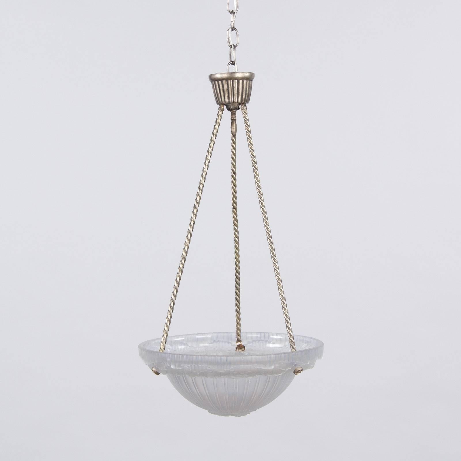 French Art Deco Frosted Glass and Nickel Pendant, 1930s For Sale 7