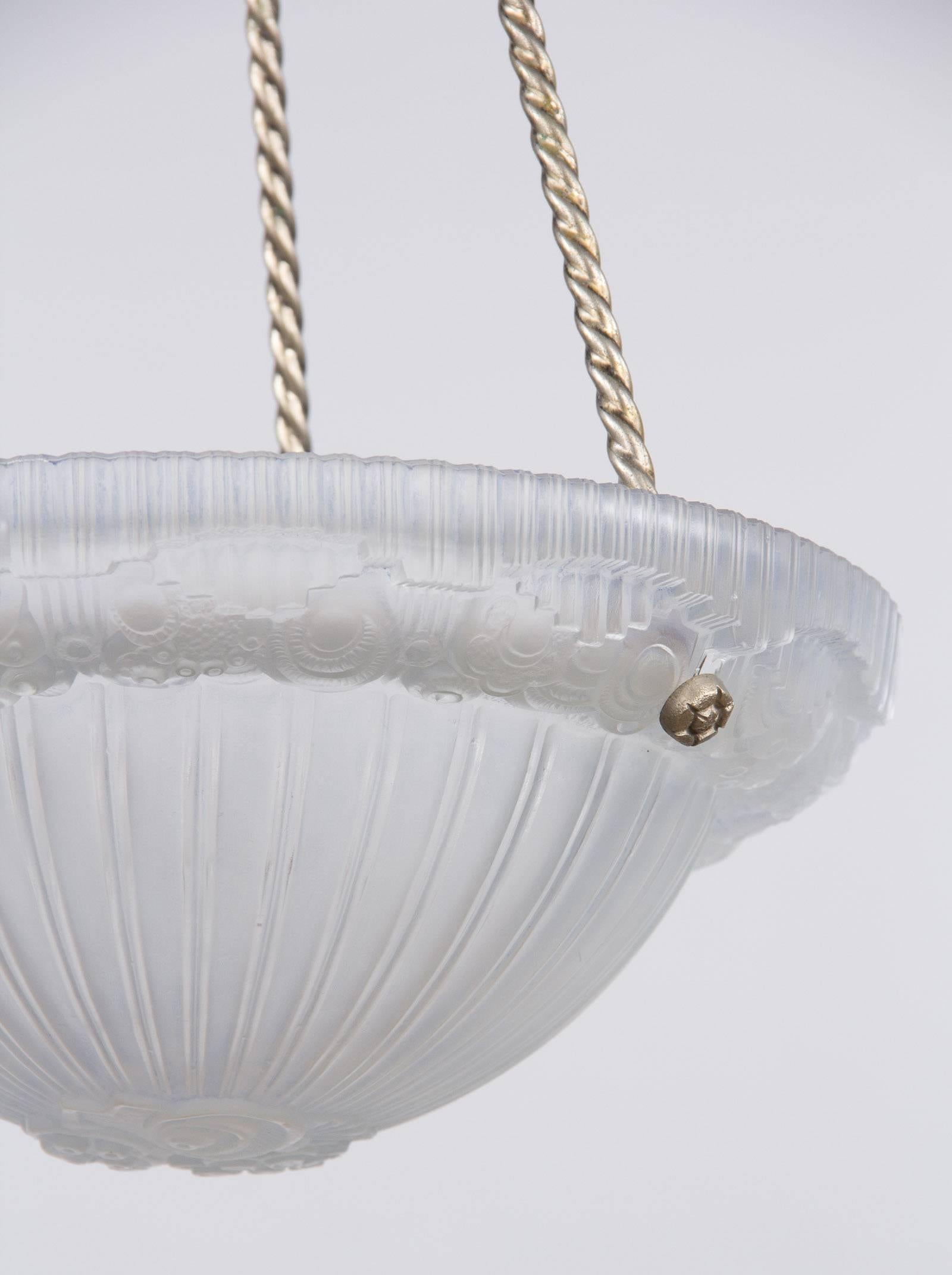 French Art Deco Frosted Glass and Nickel Pendant, 1930s For Sale 3