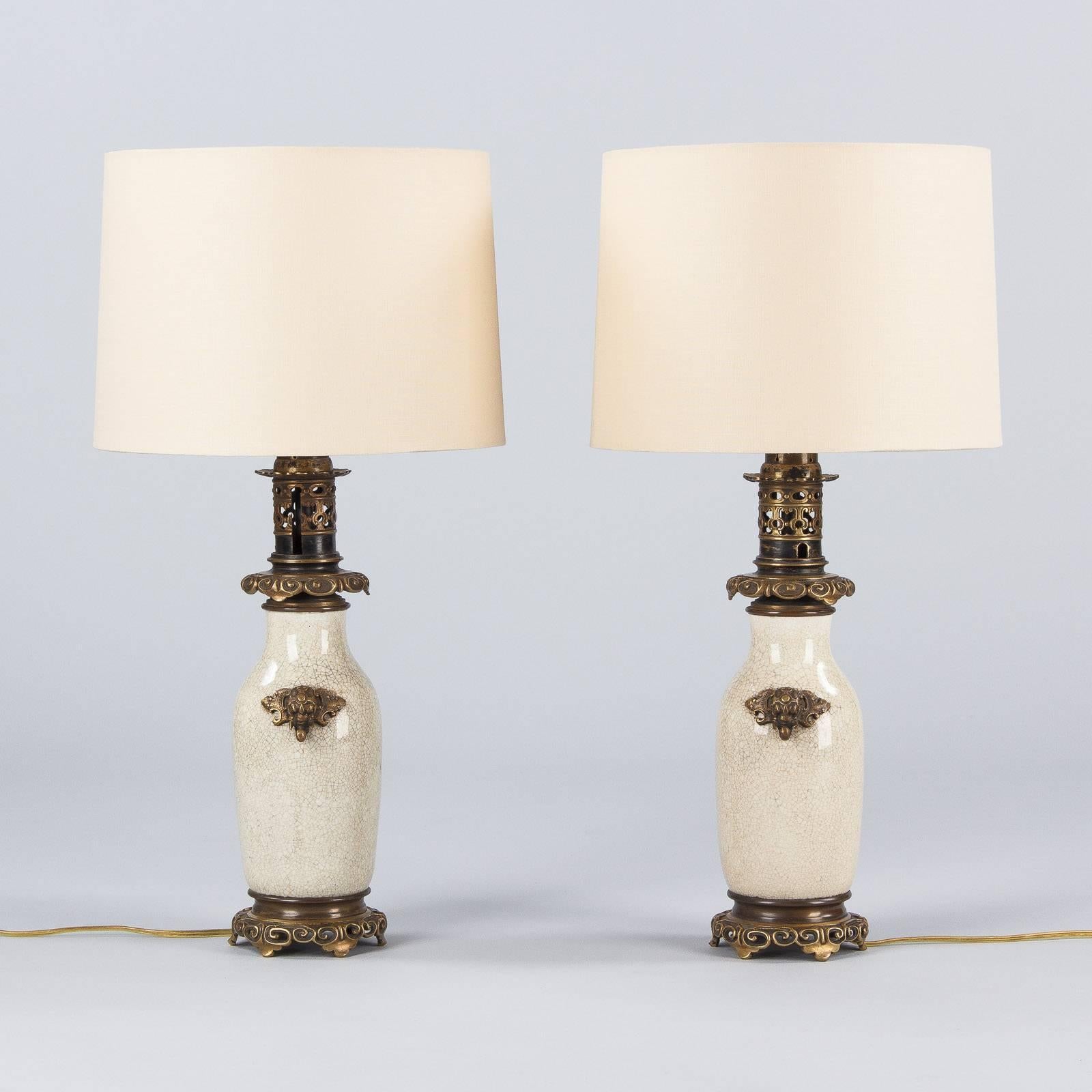 Bronze Pair of French Crackle Glaze Ceramic Lamps, Late 1800s