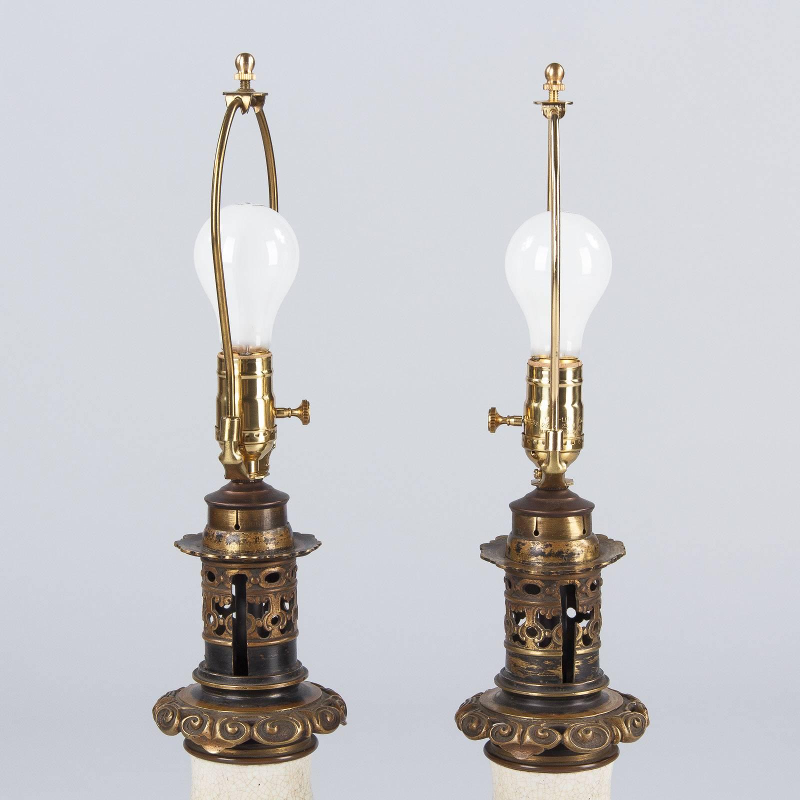 Pair of French Crackle Glaze Ceramic Lamps, Late 1800s 1